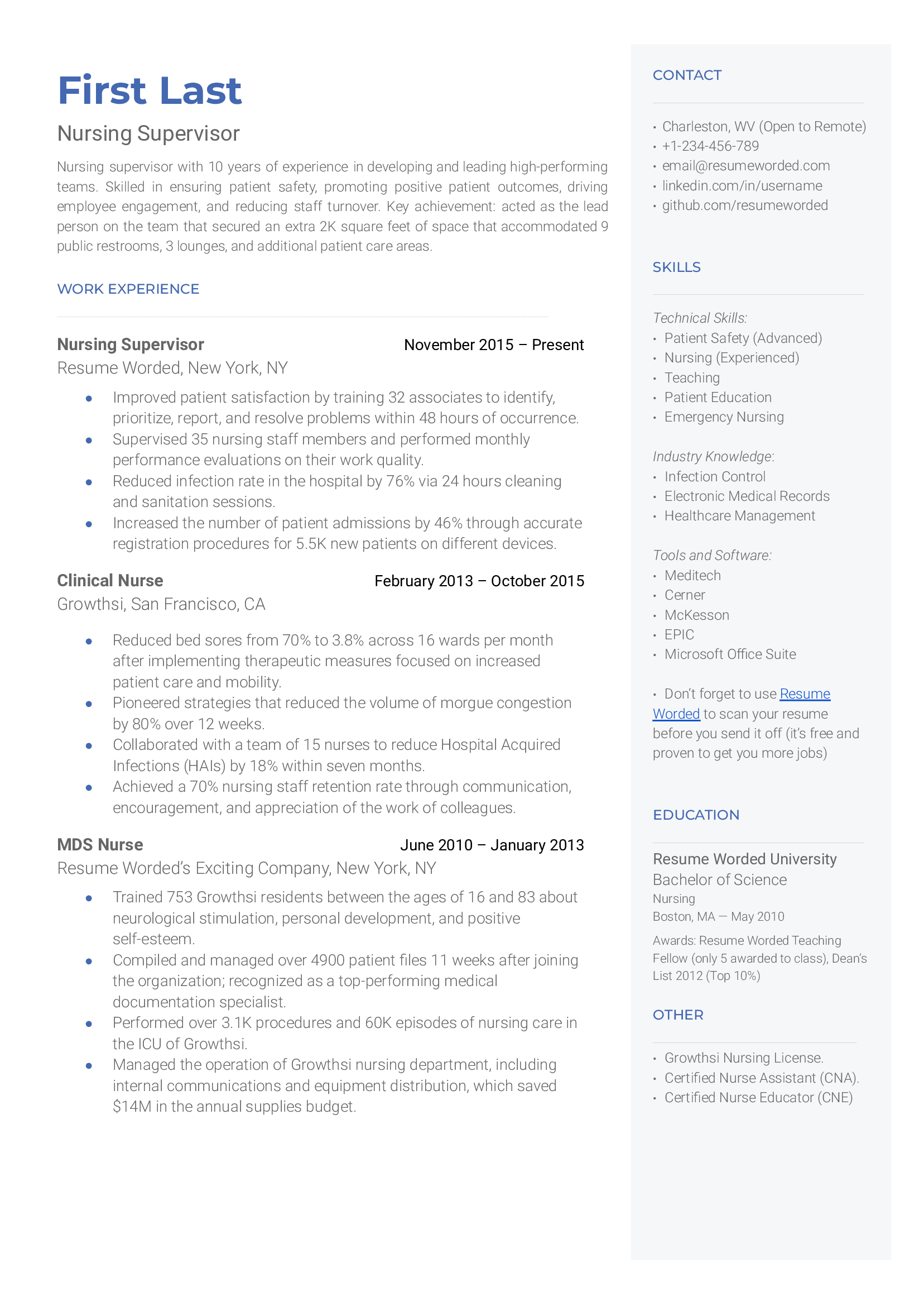 Nursing Supervisor Resume Sample