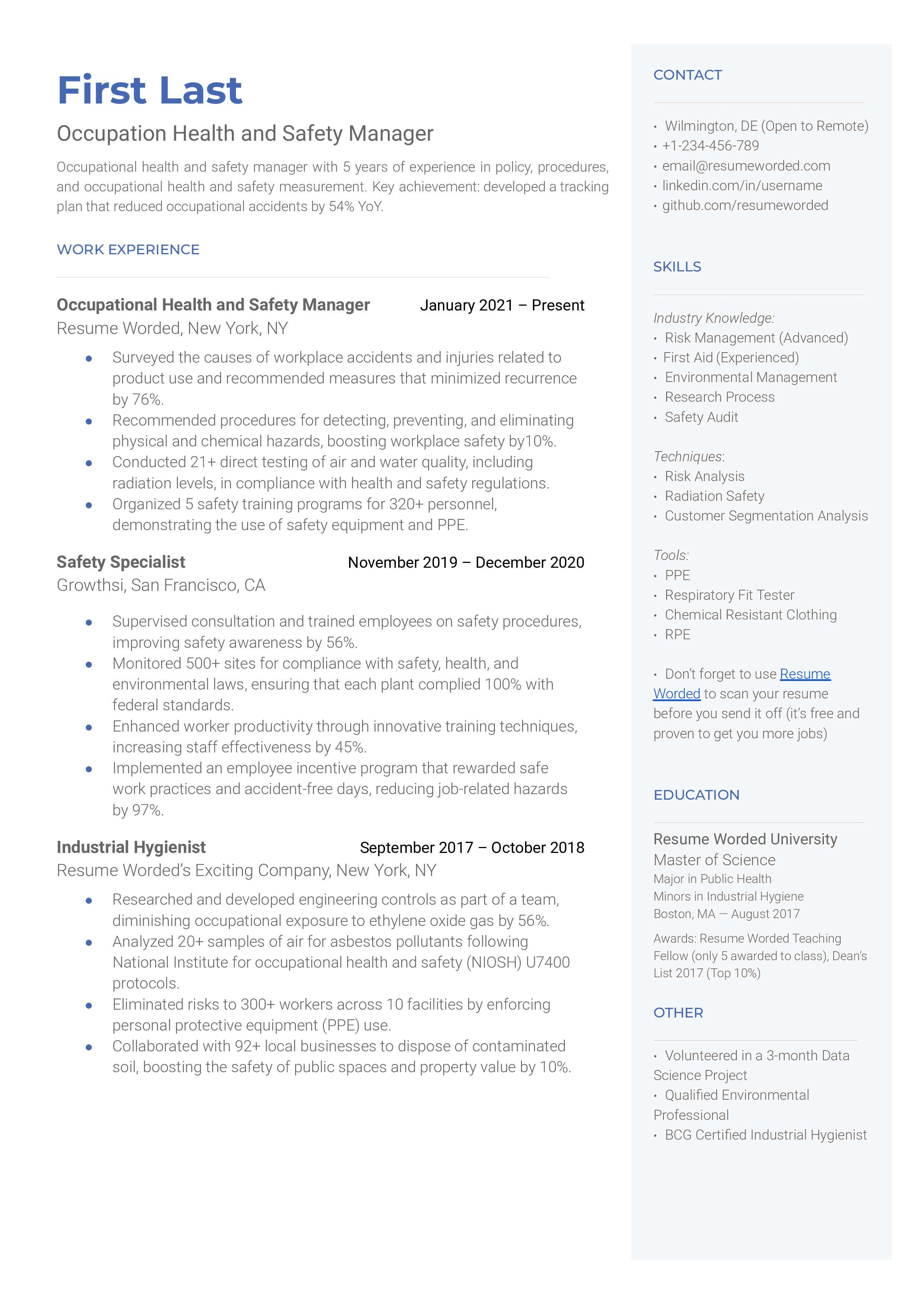 Occupational Health and Safety Manager Resume Sample