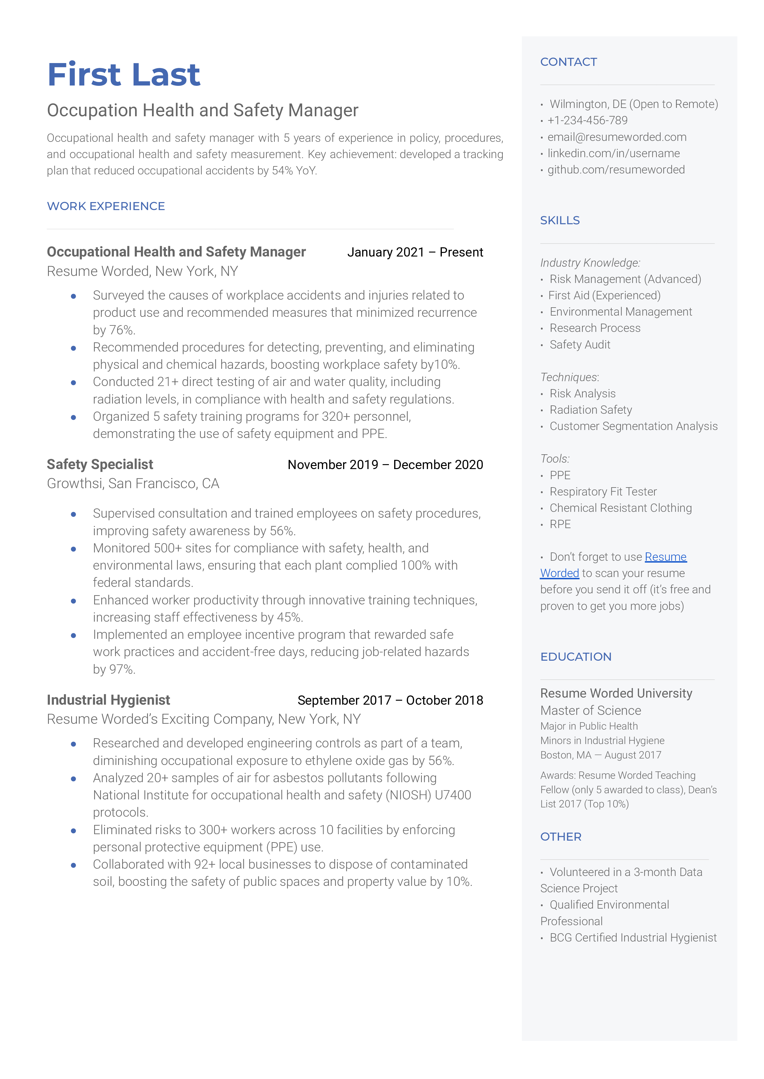 An occupational health and safety manager resume template prioritizing industry knowledge. 