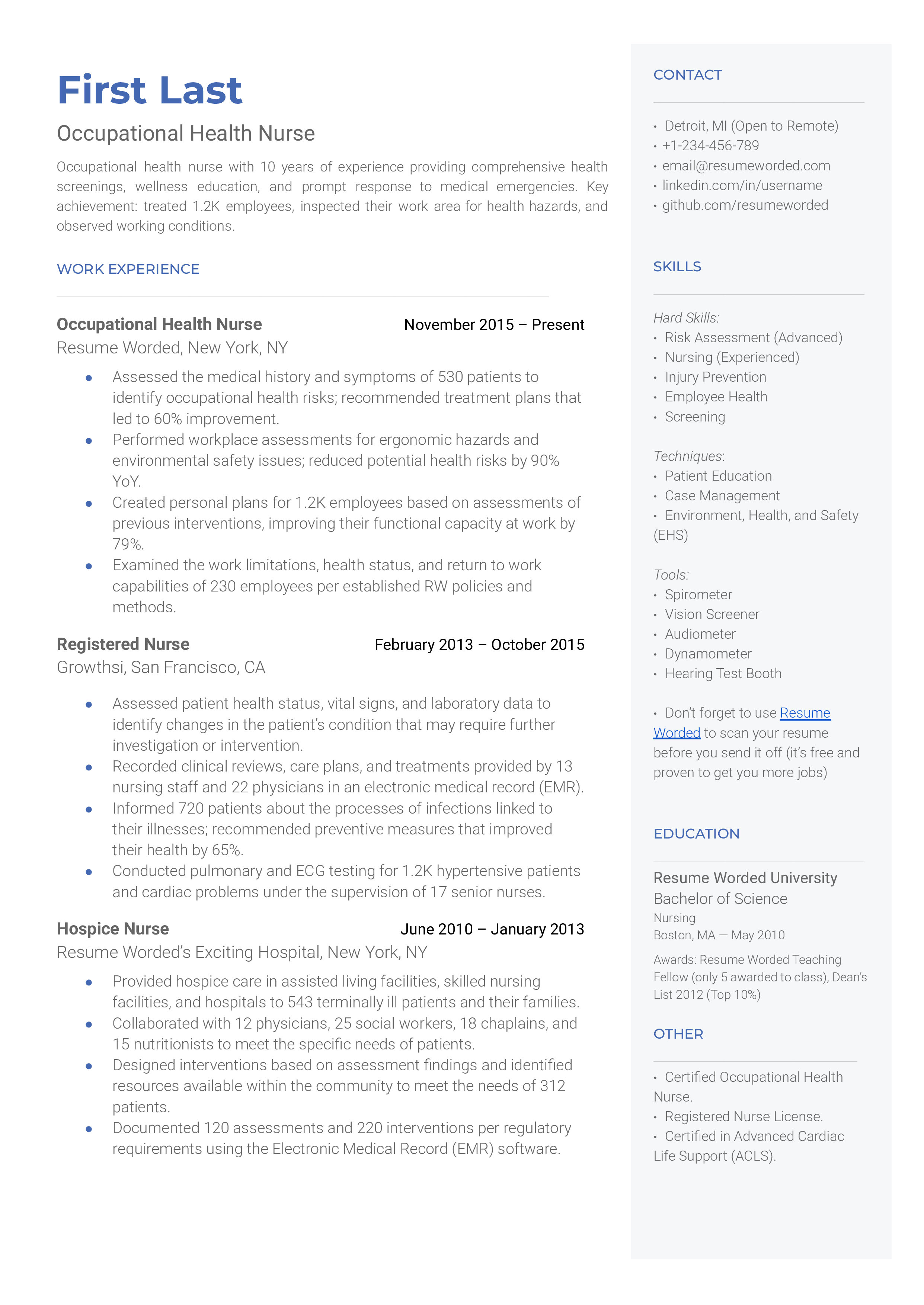 Occupational Health Nurse Resume Sample