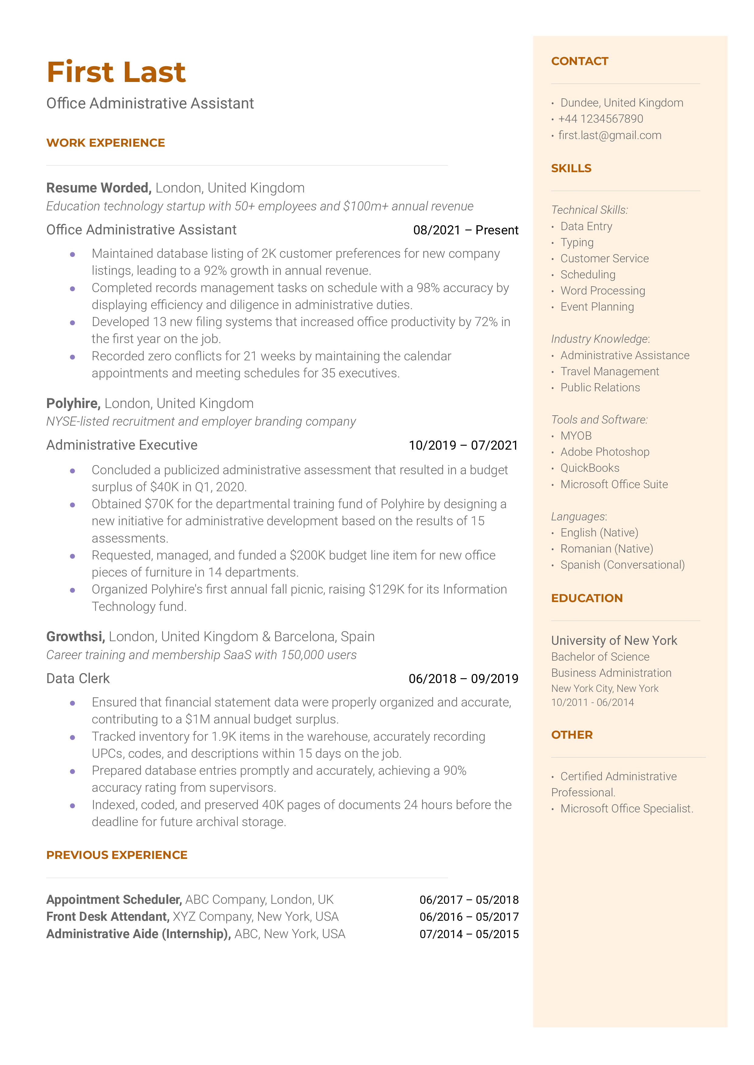 A screenshot of a CV prepared for an Office Administrative Assistant role.