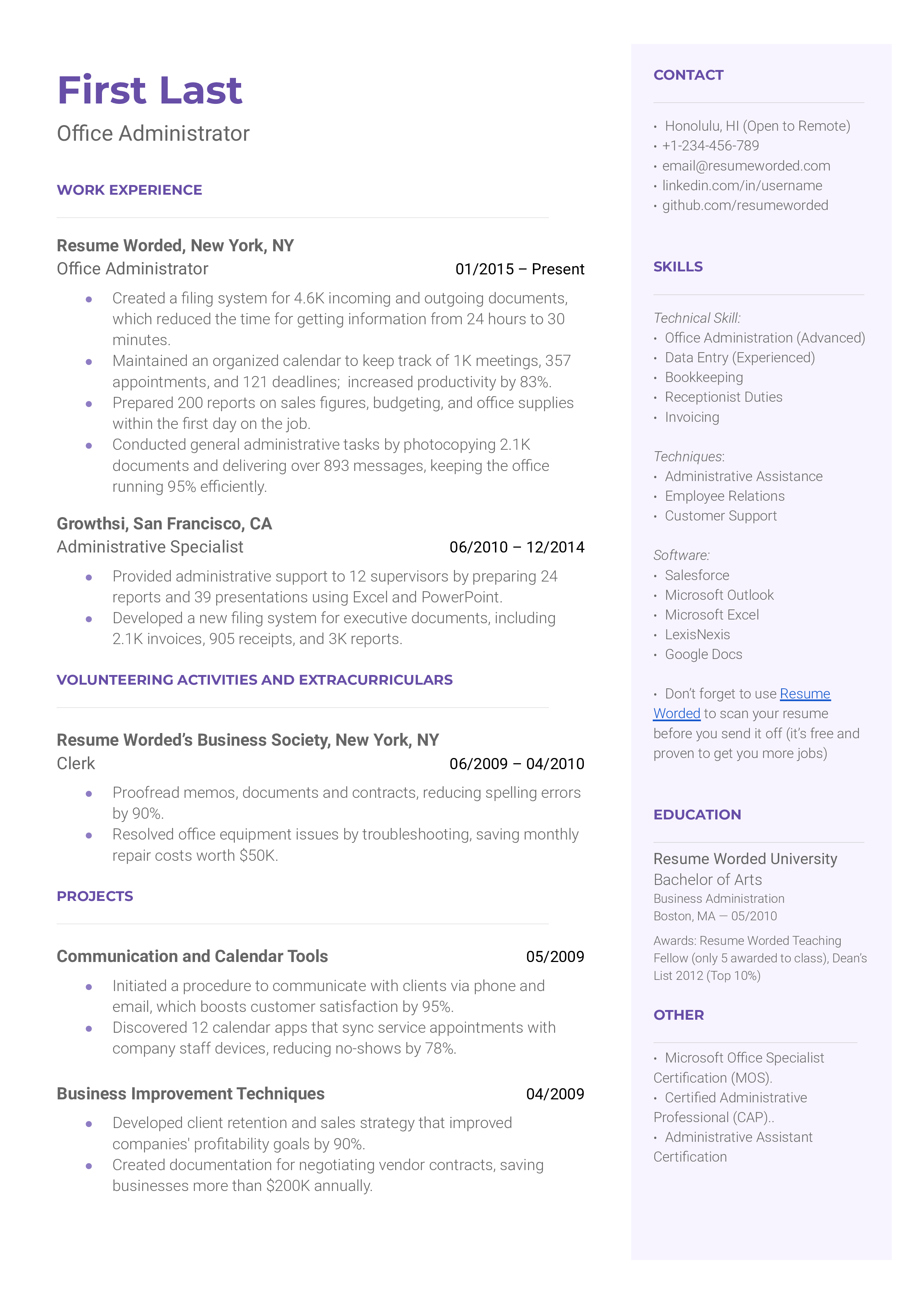 An office administrator resume template using metrics to highlight achievements