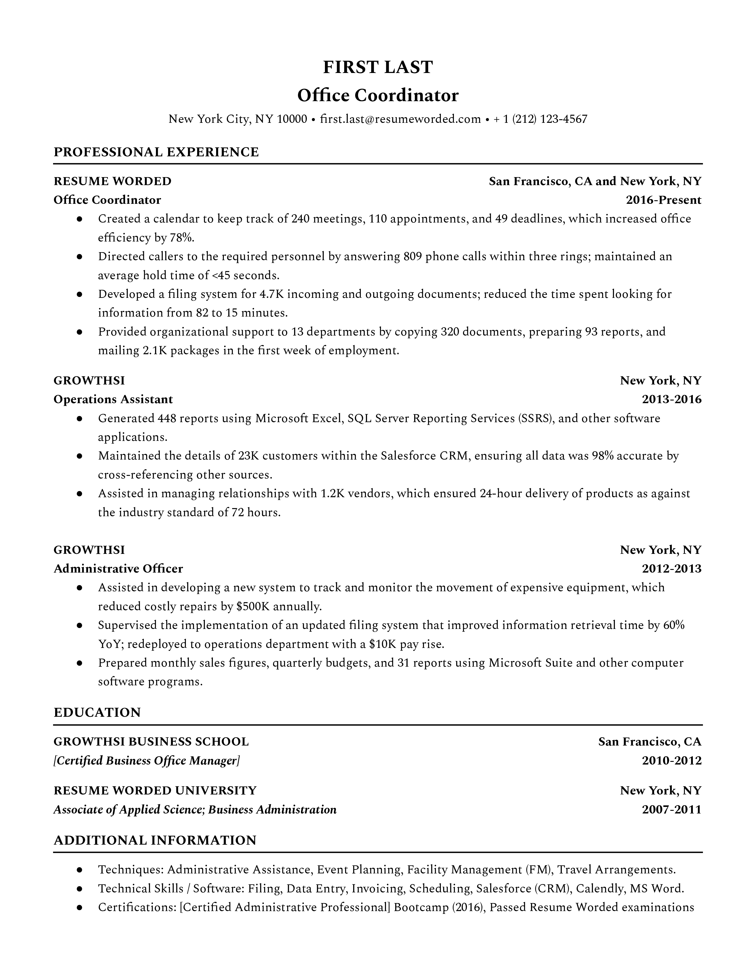 An office coordinator resume template that prioritizes work experience. 