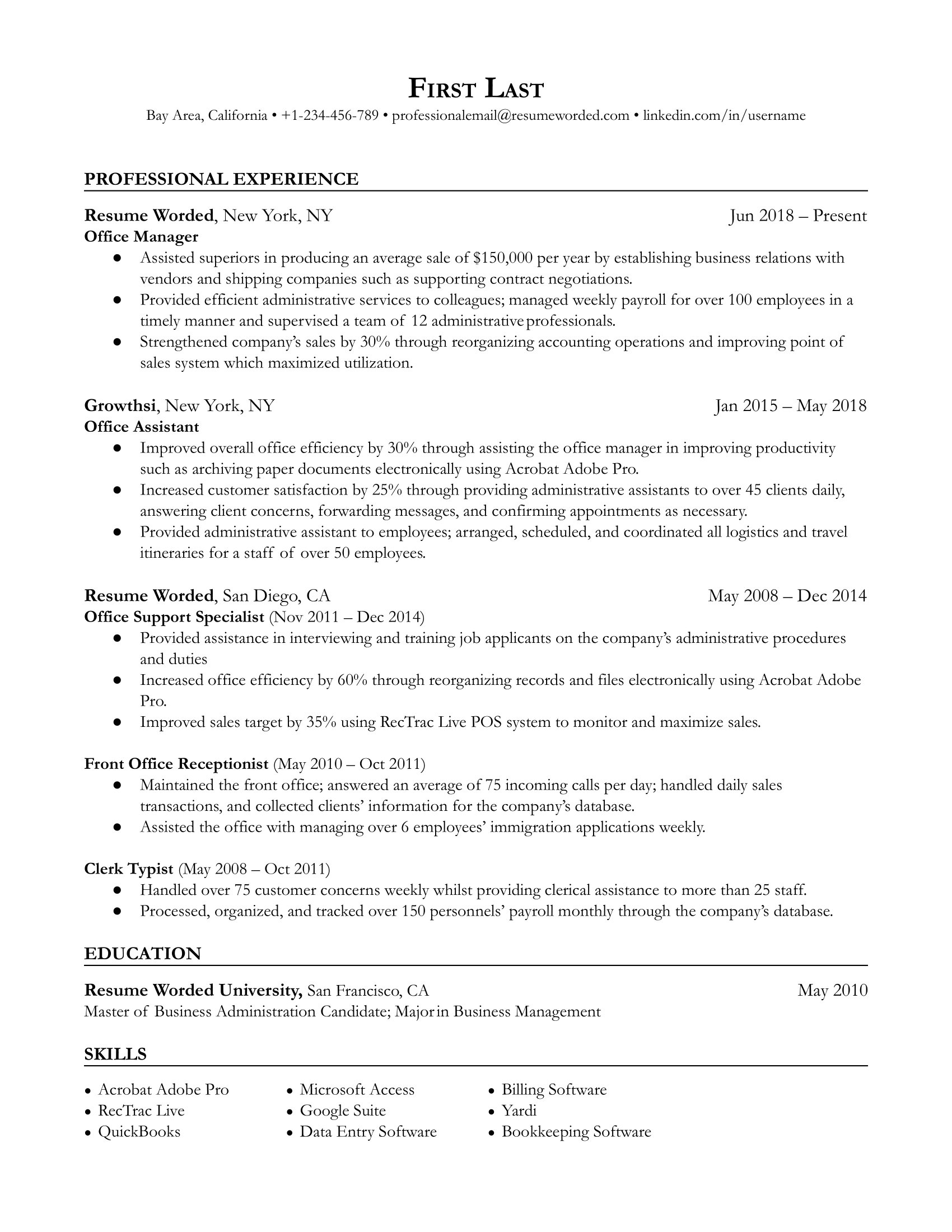 Office manager resume showcasing experience and software skills.