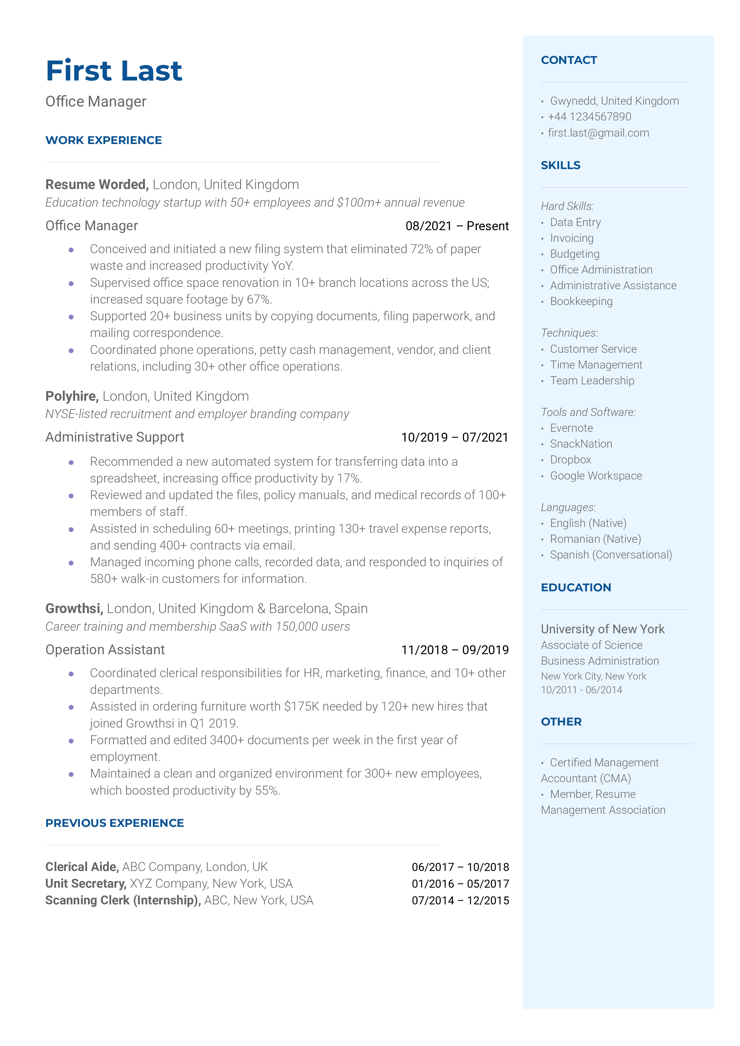 A screenshot of a well-organized CV for an office manager role.