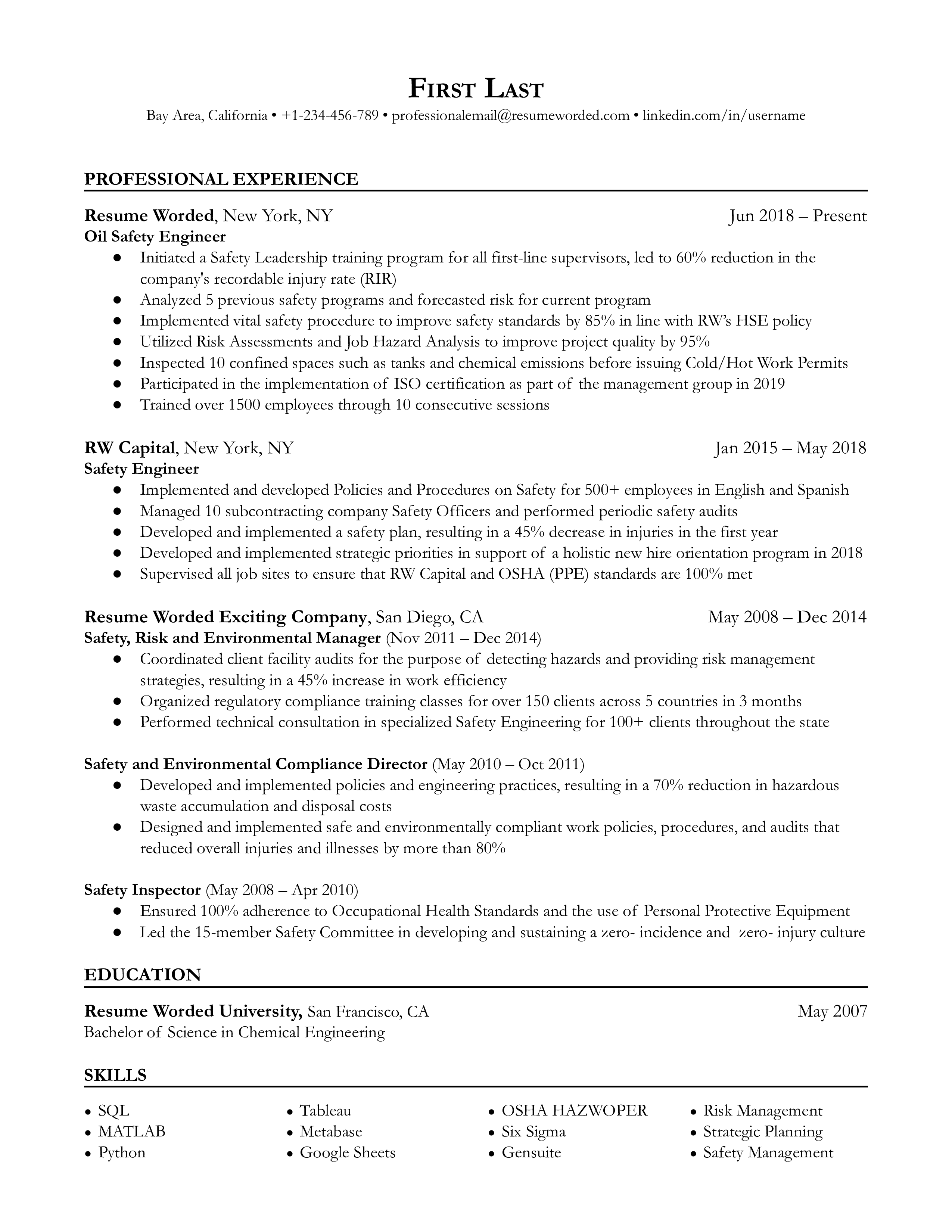A oil safety engineer resume template that emphasizes work history. 