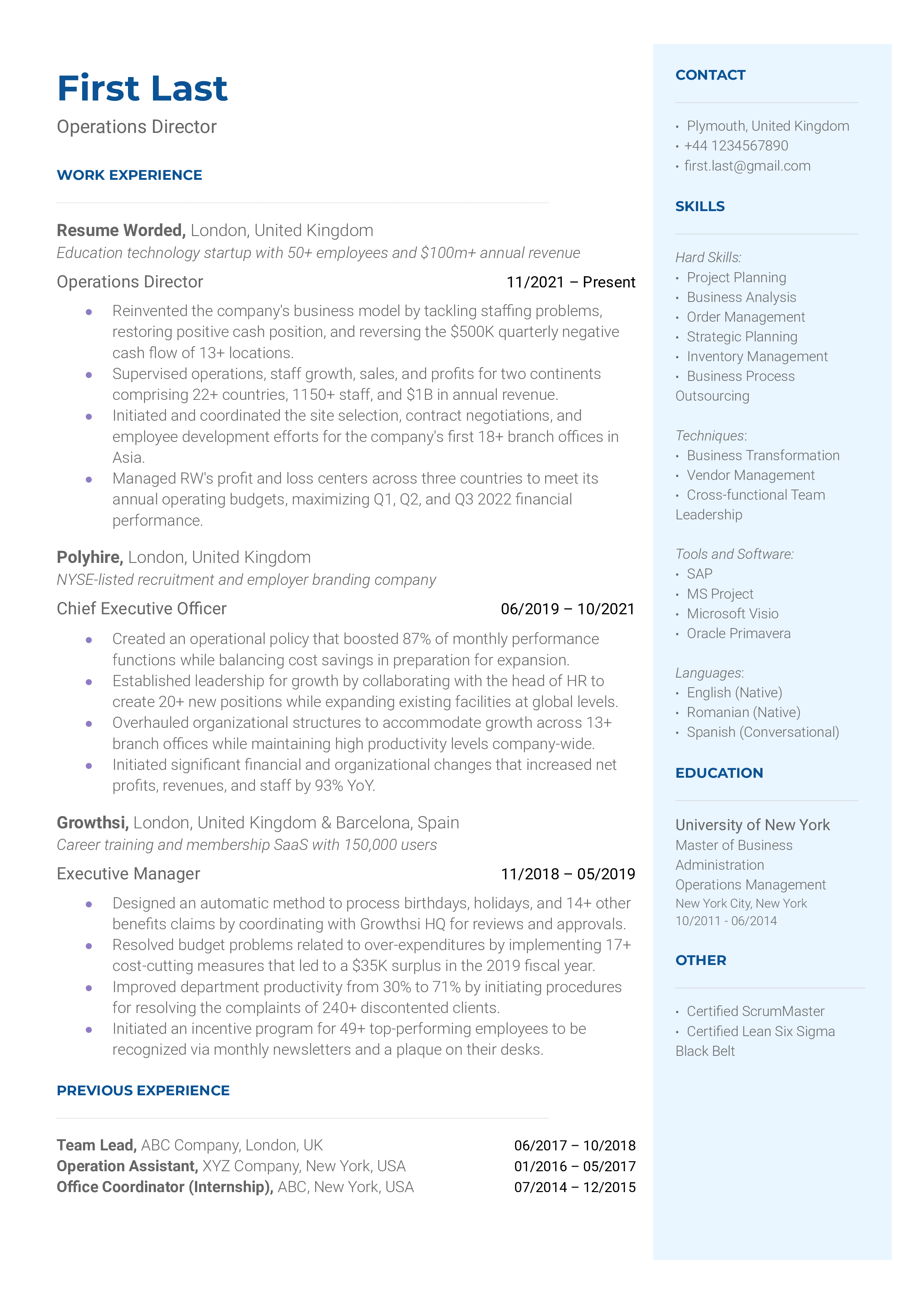 A well-constructed CV for an Operations Director position
