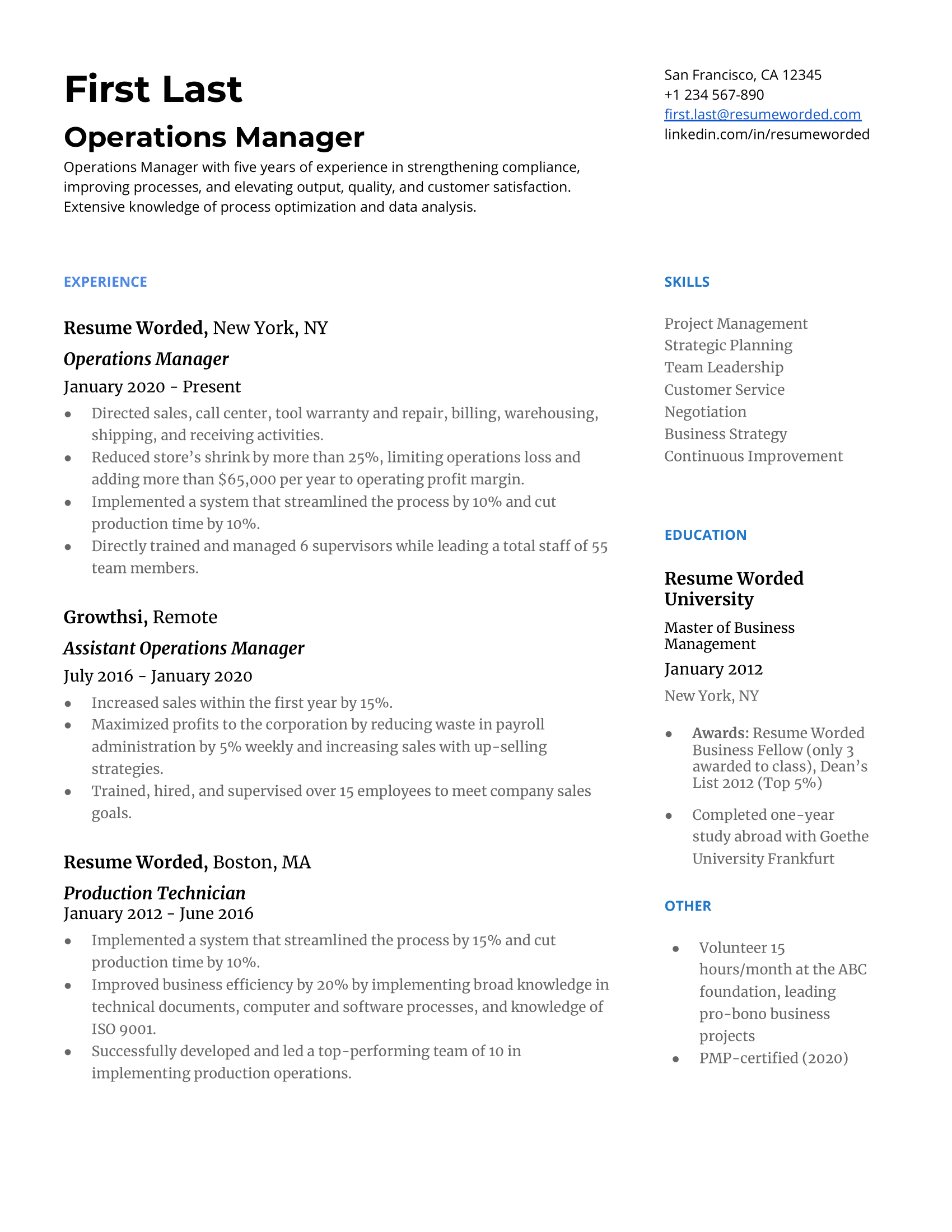 An example of a well-crafted operations manager's CV.