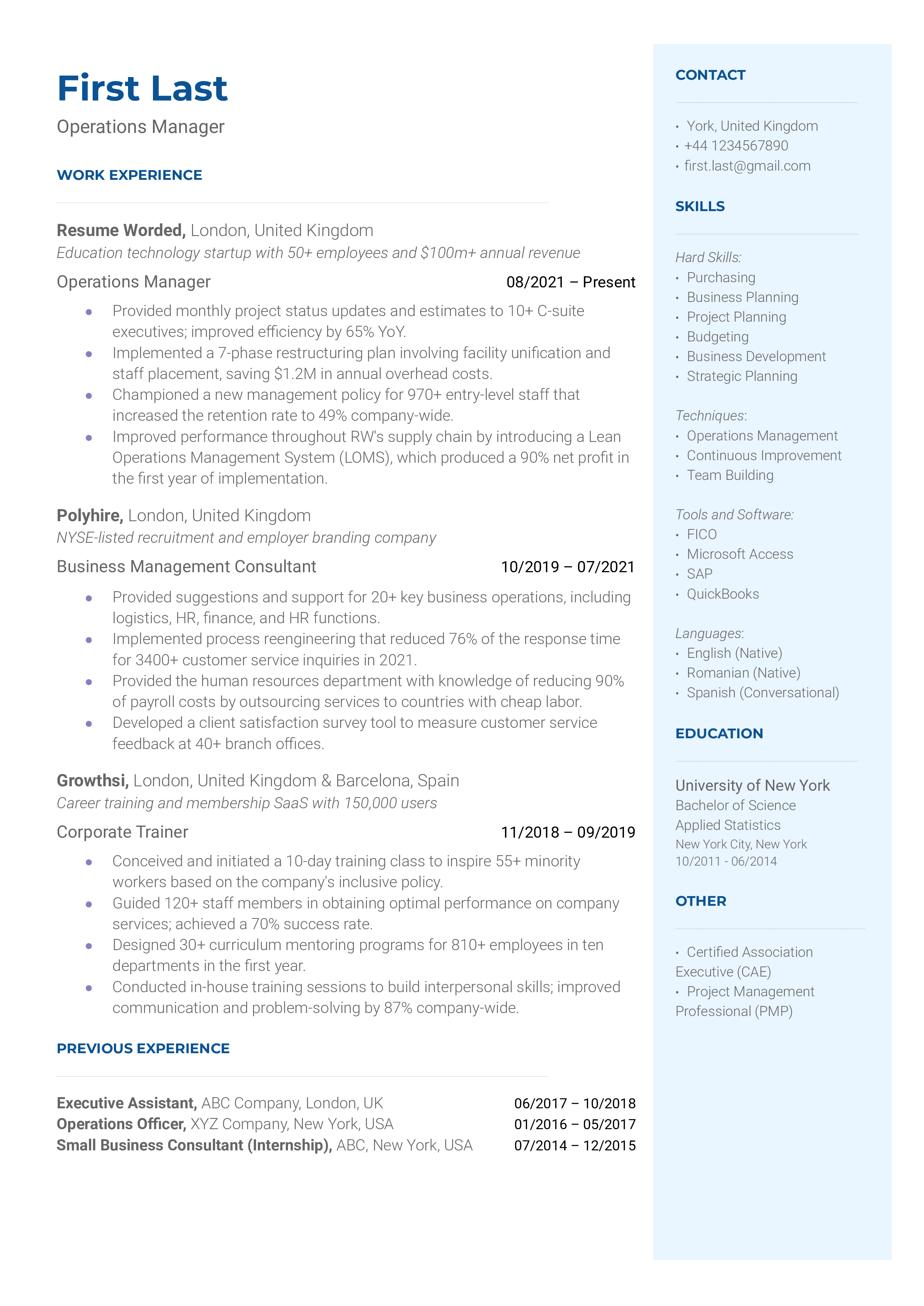 A CV exemplifying the skills and experience of an operations manager.
