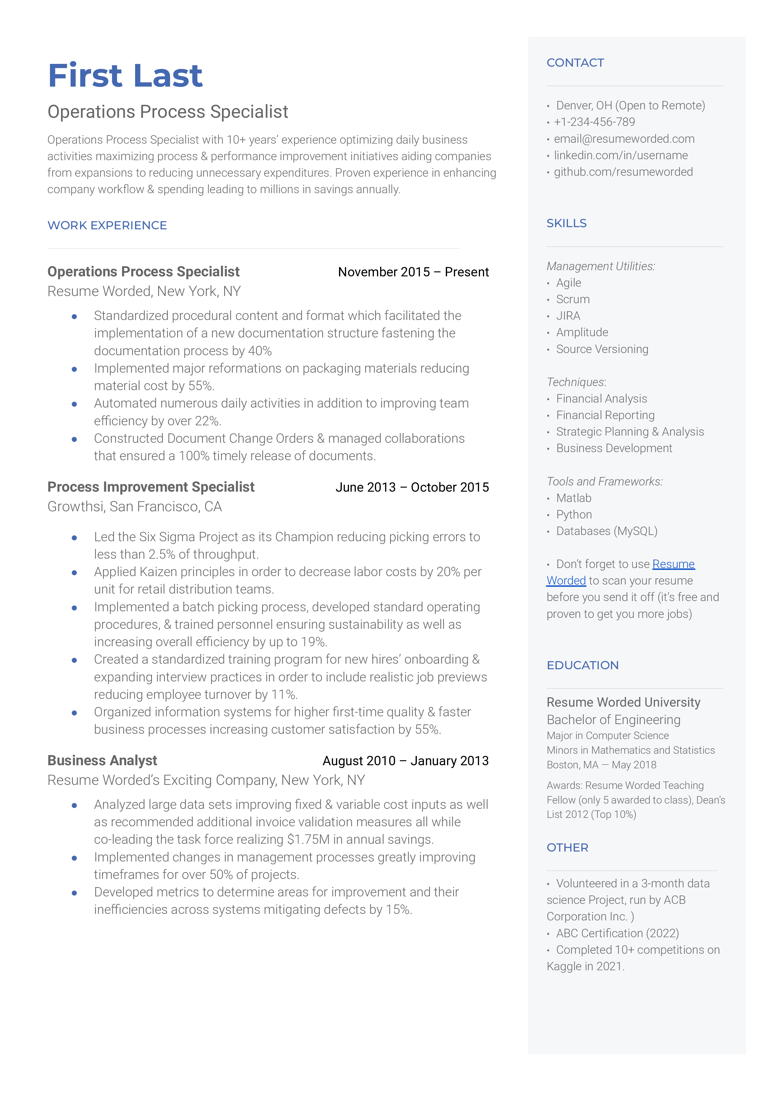 Operations Process Specialist Resume Sample