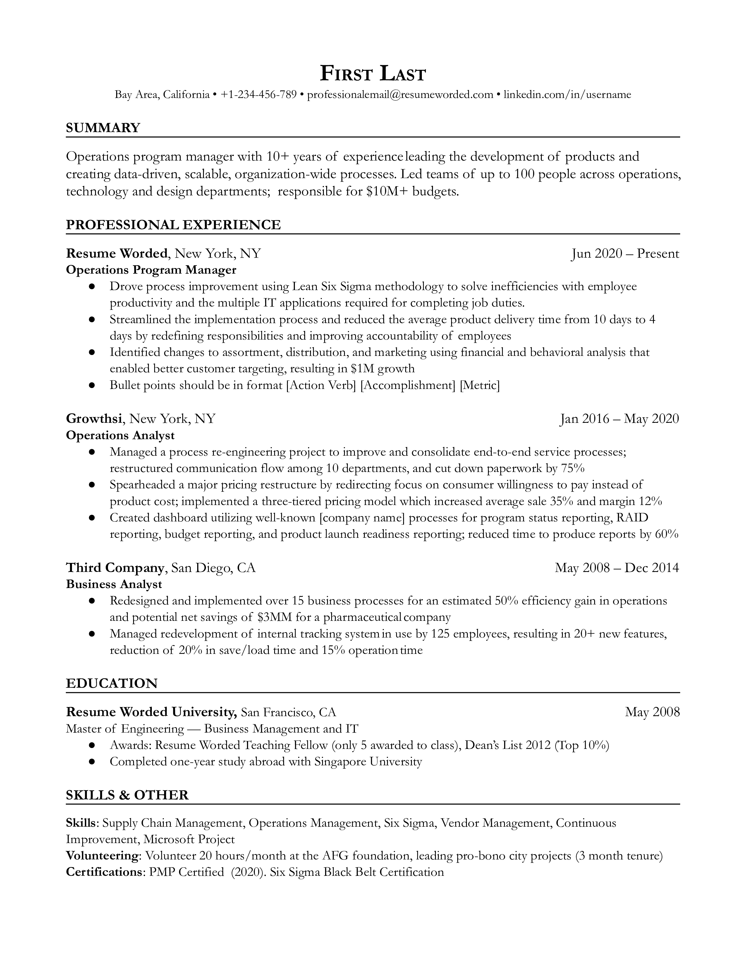 An operations program manager resume template with specific examples of process improvement and operations.