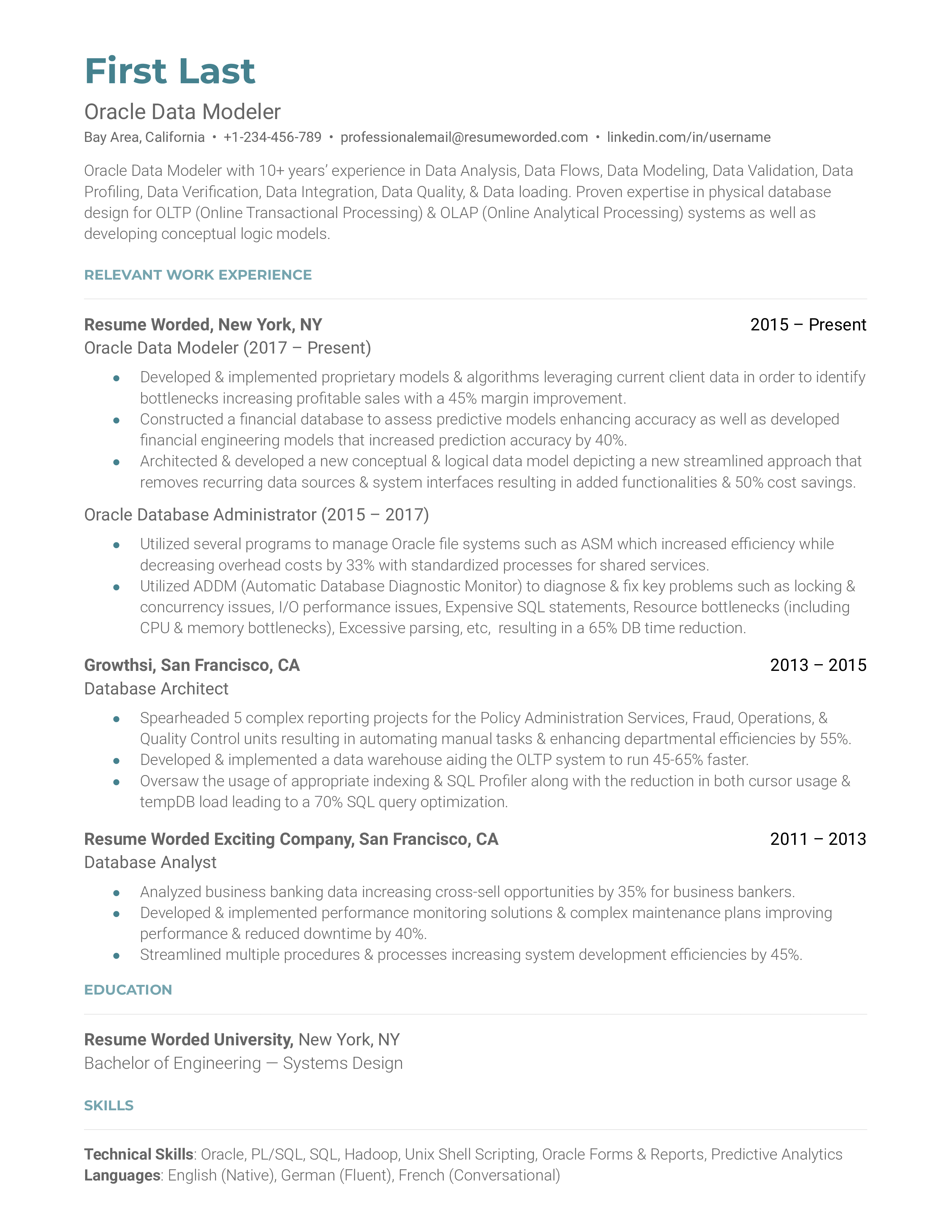 Oracle Data Modeler Resume Template + Example