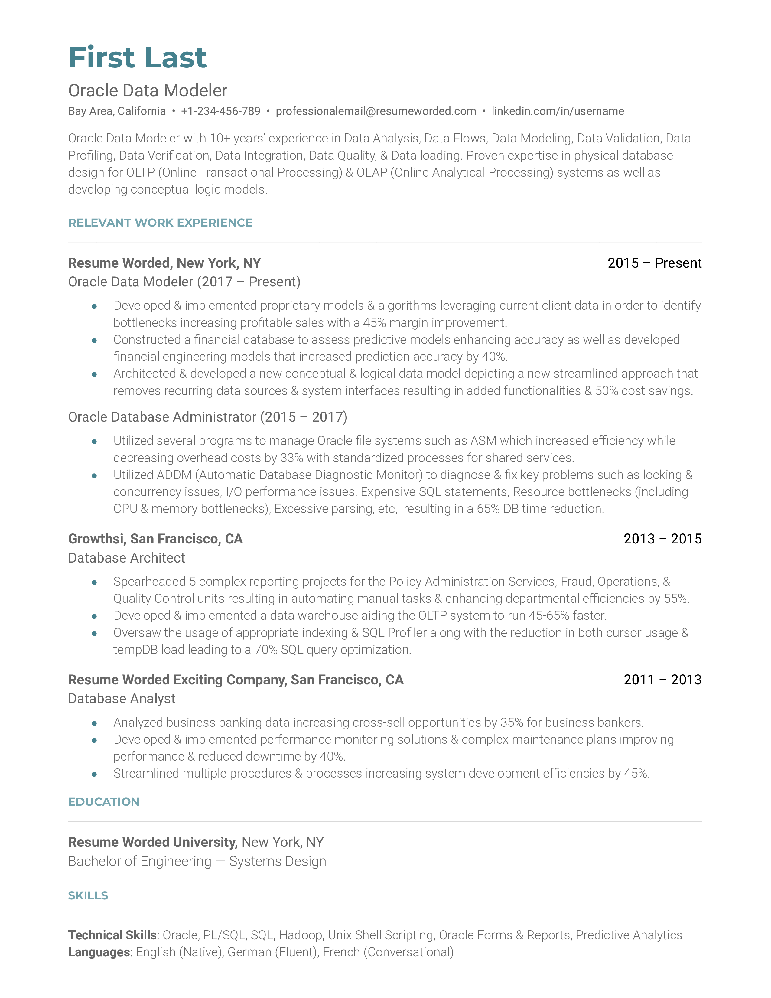 Oracle Data Modeler Resume Sample