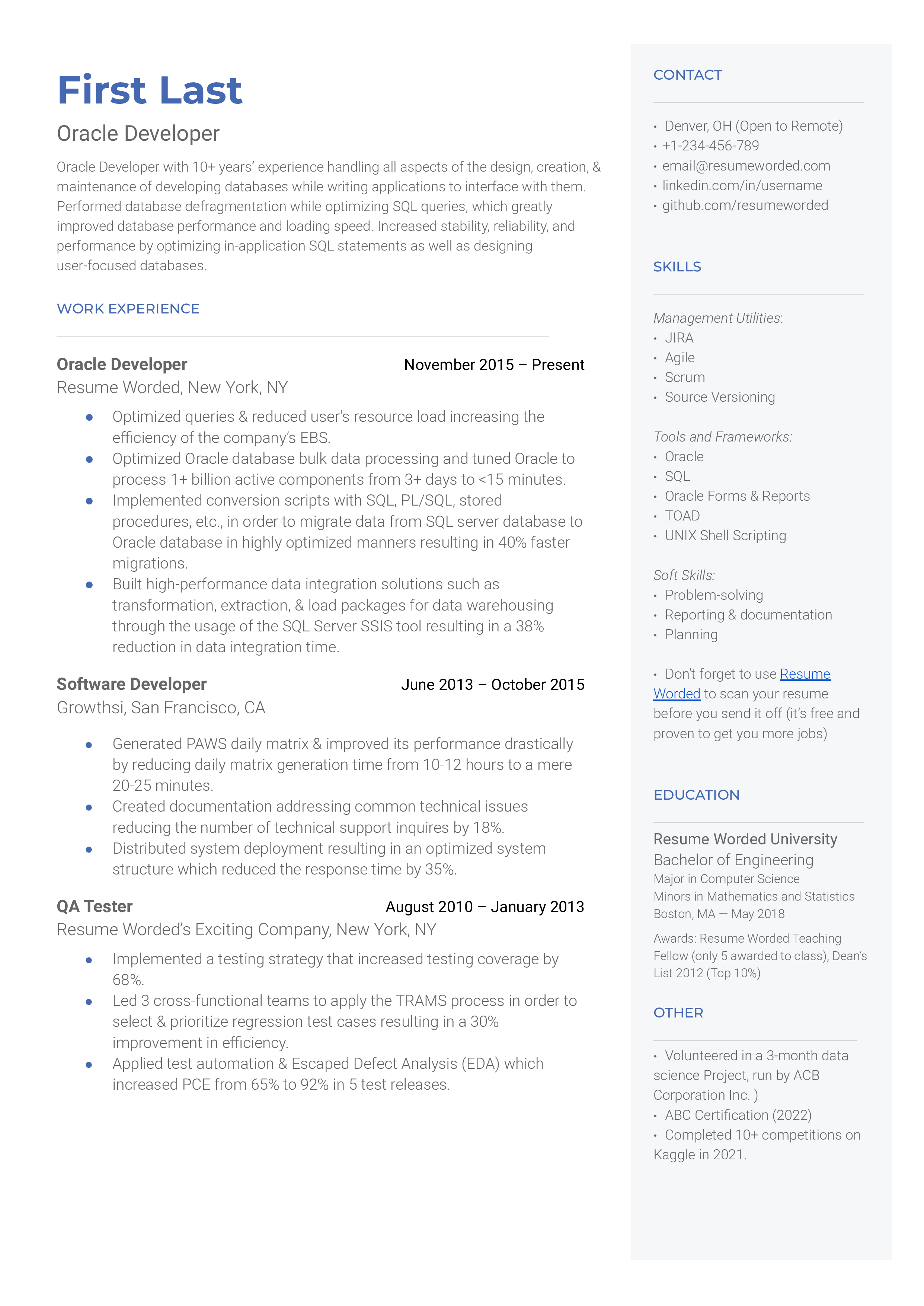 An Oracle developer resume template that includes a brief description, work history, and contact info