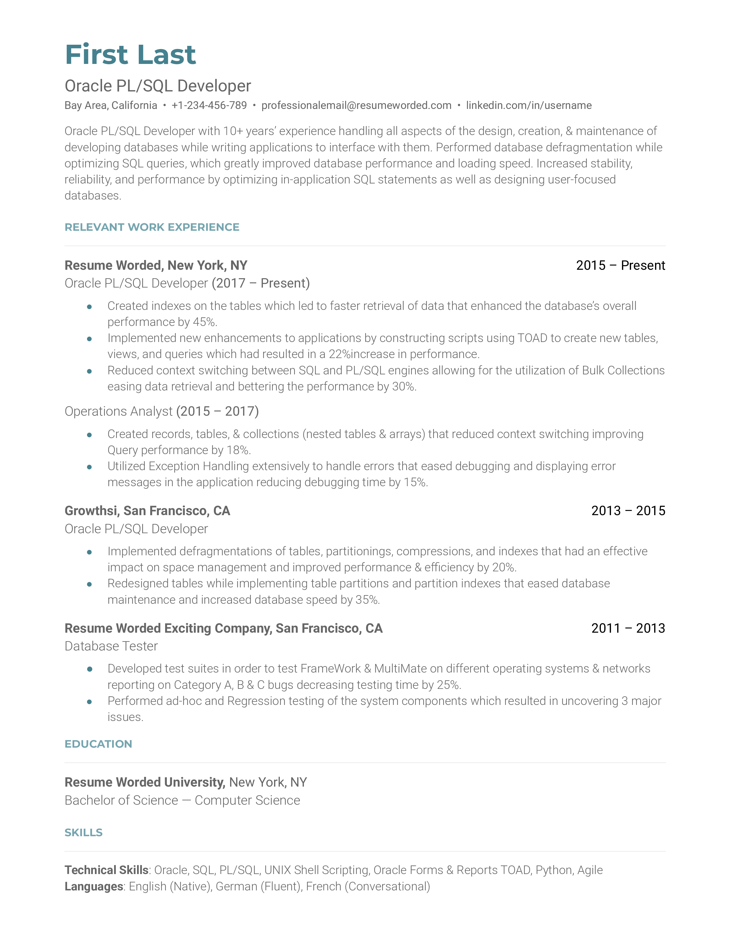 An Oracle PL/SQL developer resume template that includes contact info, a brief description, and work history