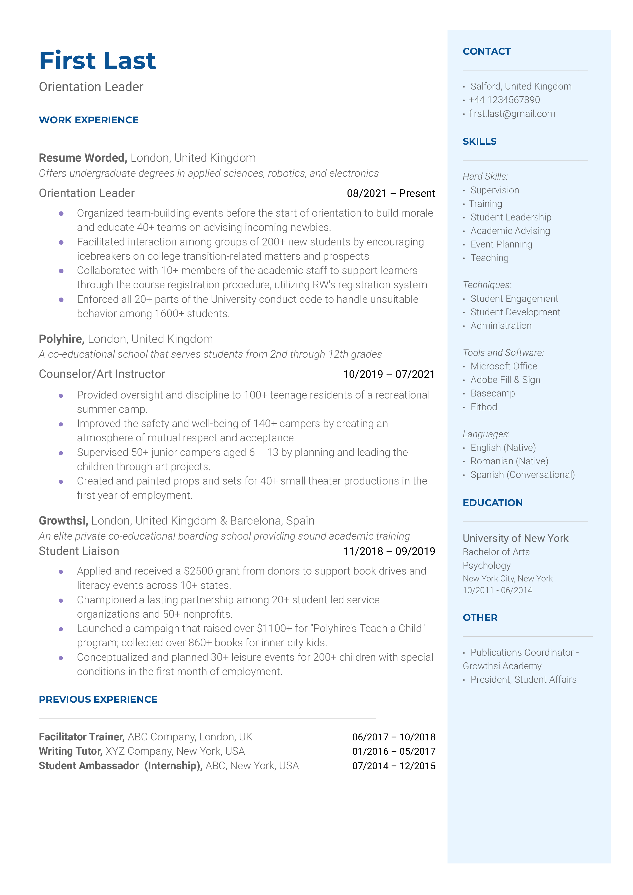 Resume showcasing experience in leading orientation programs and conducting successful onboarding experiences for new hires