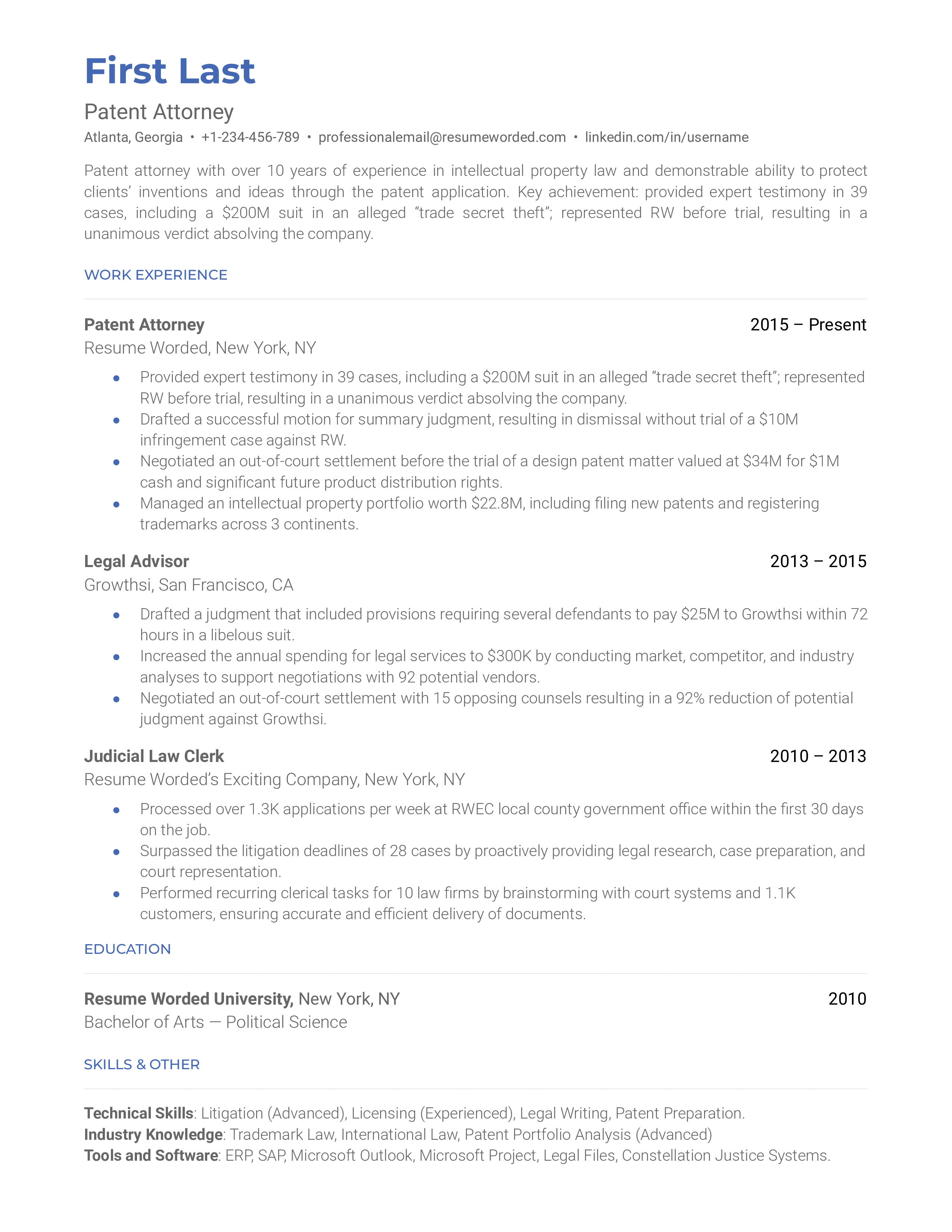 A patent attorney resume sample that highlights the applicant’s key achievements and experience.
