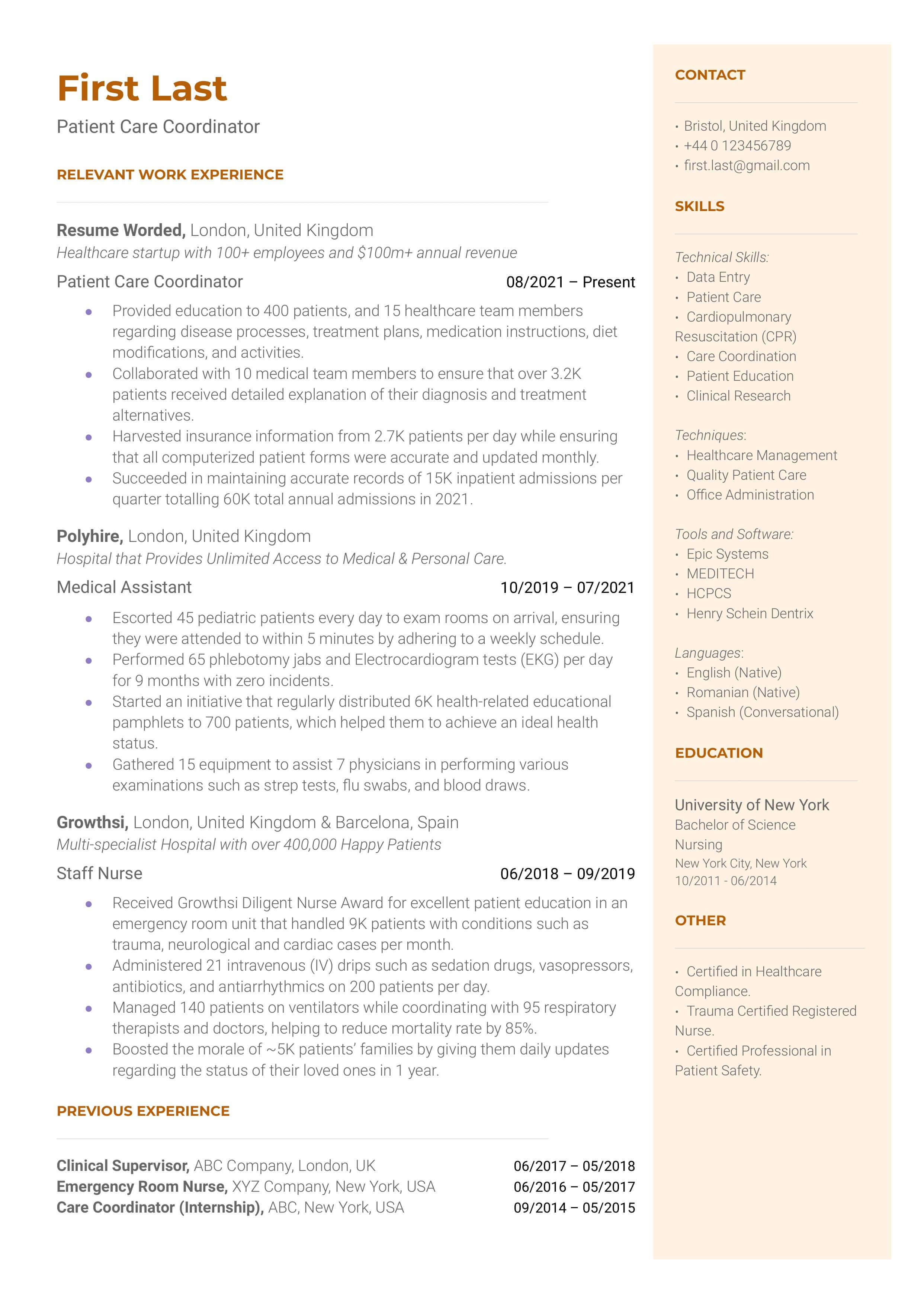 A patient care coordinator resume sample that highlights the applicant's experience caring for patients and industry standard tools list.