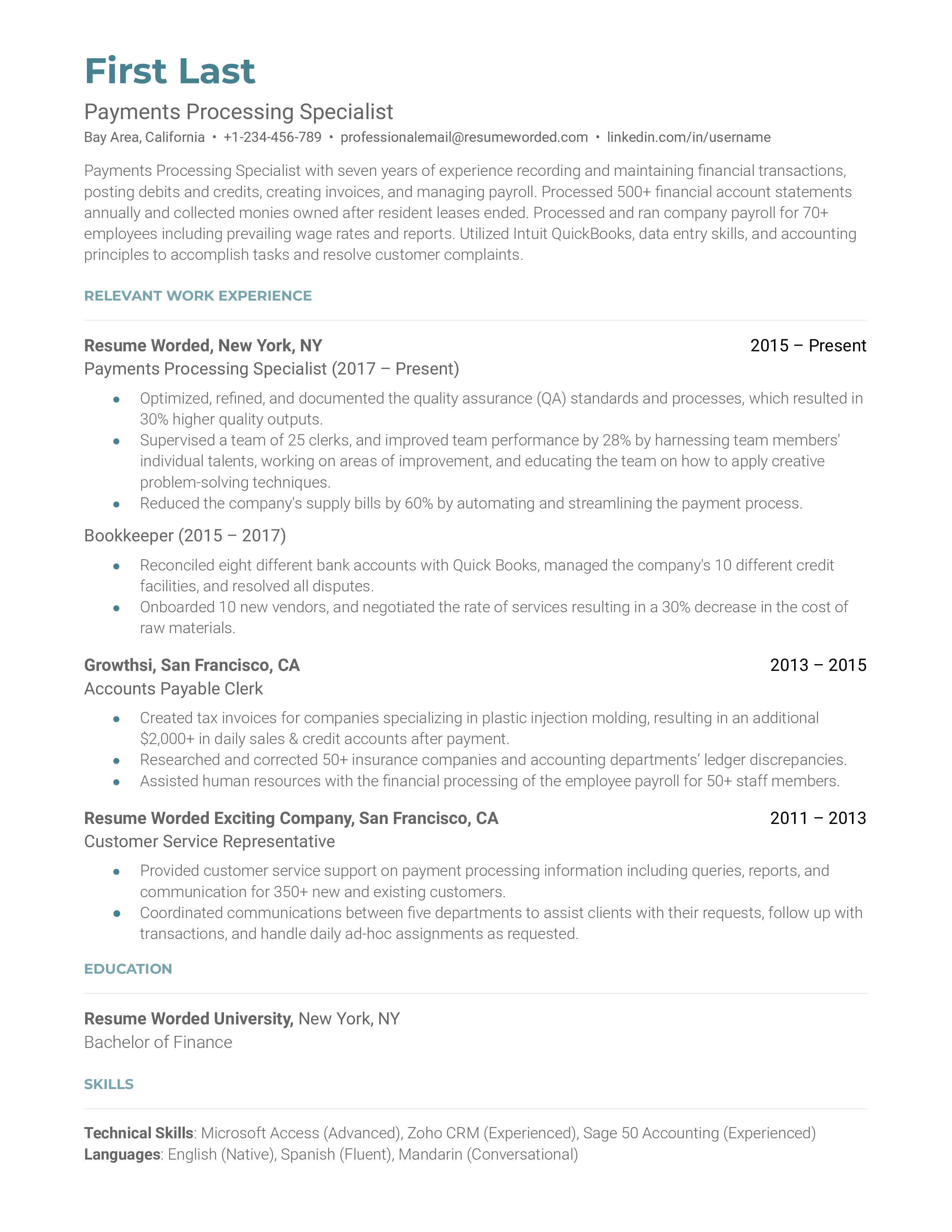 Payments Processing Specialist Resume Sample