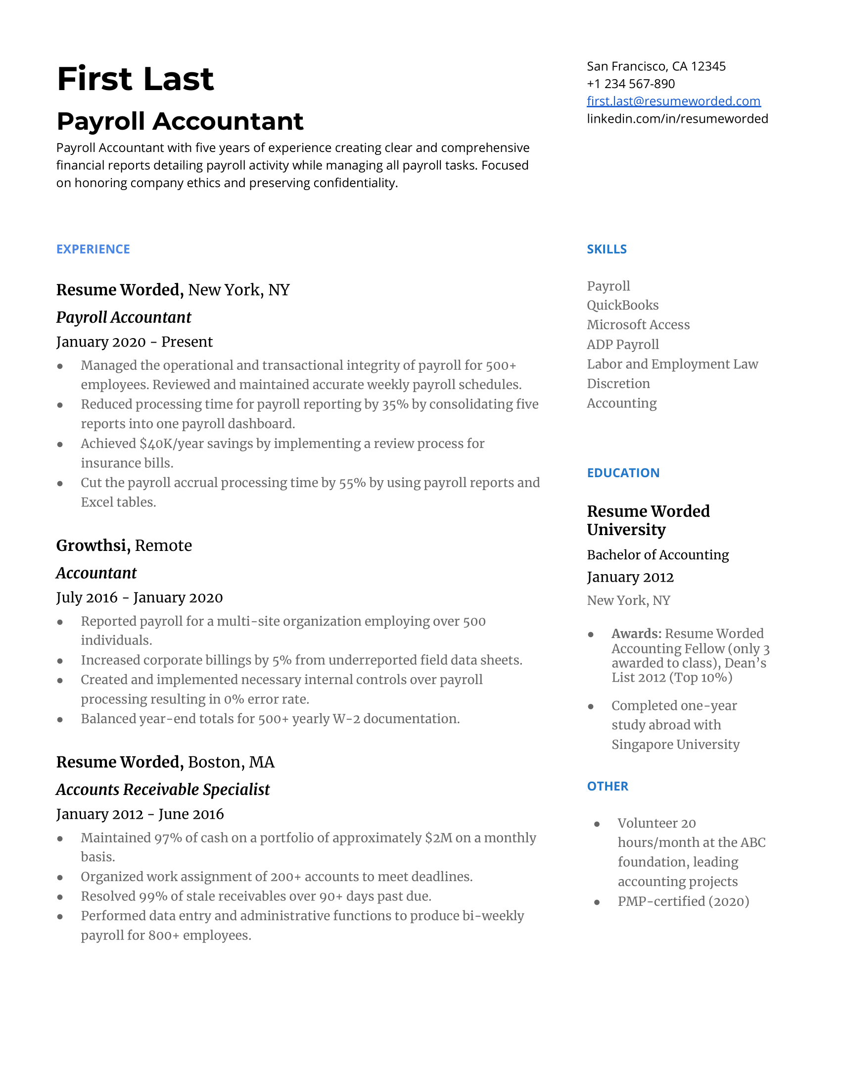 Snapshot of a well-structured Payroll Accountant CV.