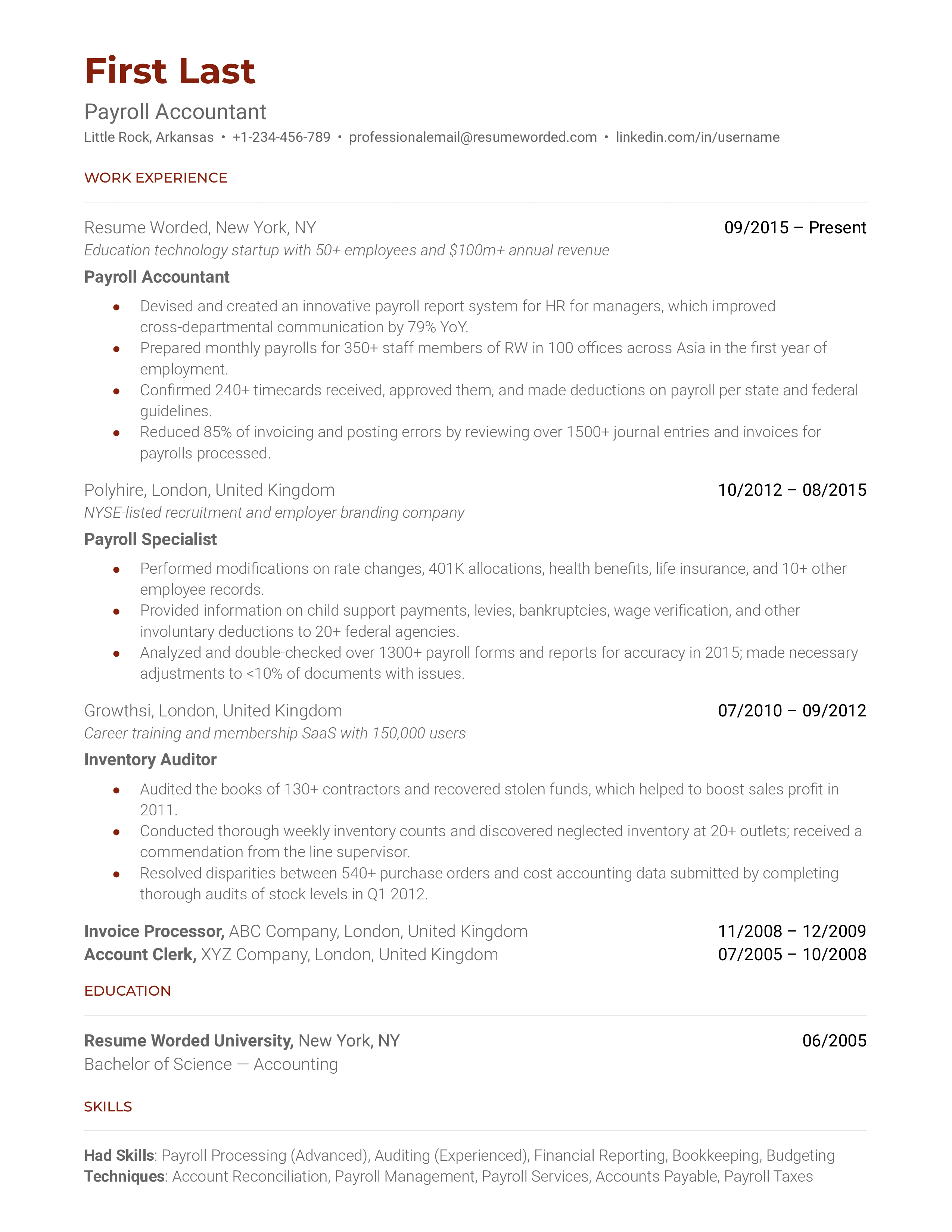 A payroll accountant resume template demonstrating their value in the industry.