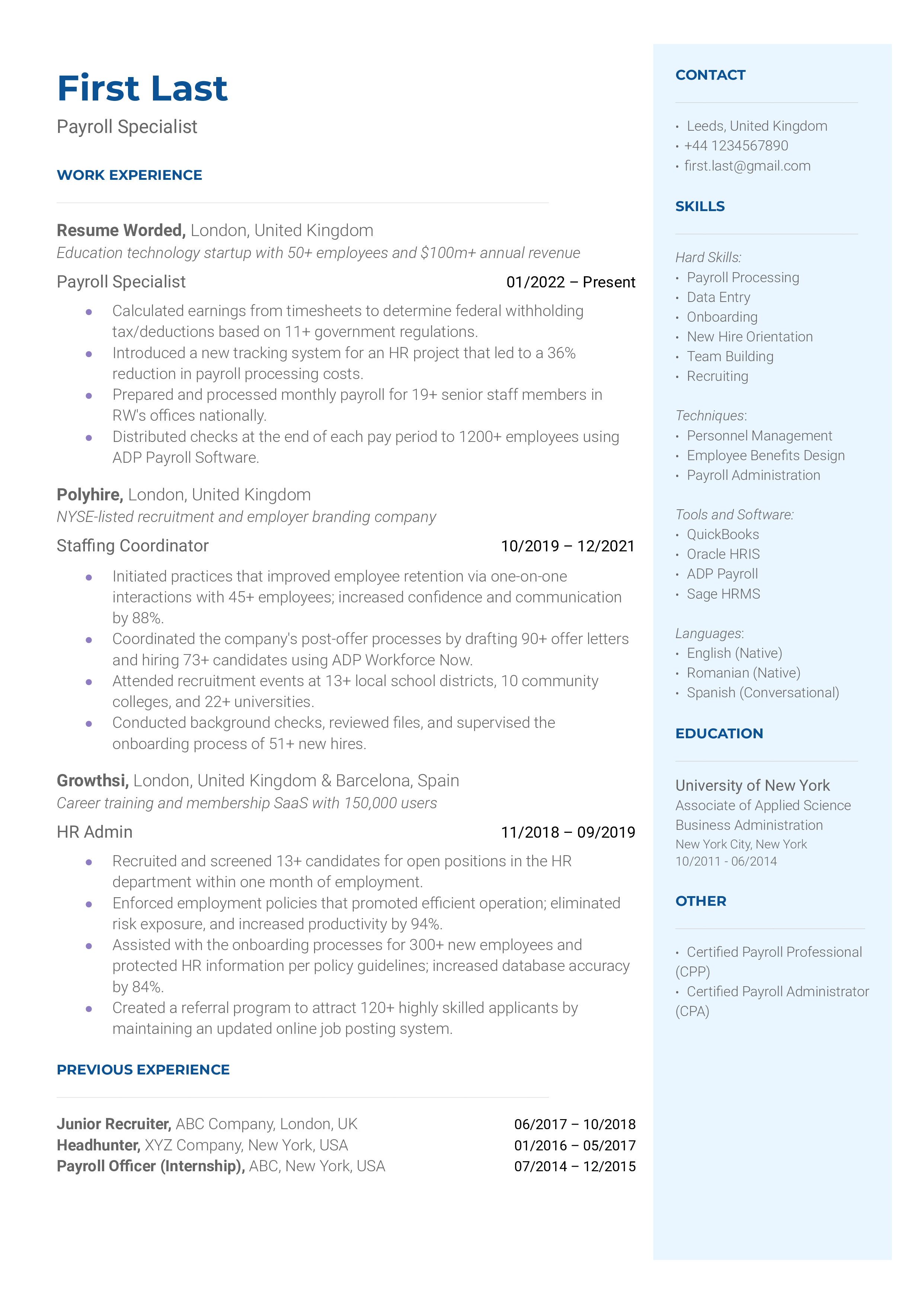 An illustrative CV for a Payroll Specialist role, highlighting software proficiency and quantifiable achievements.