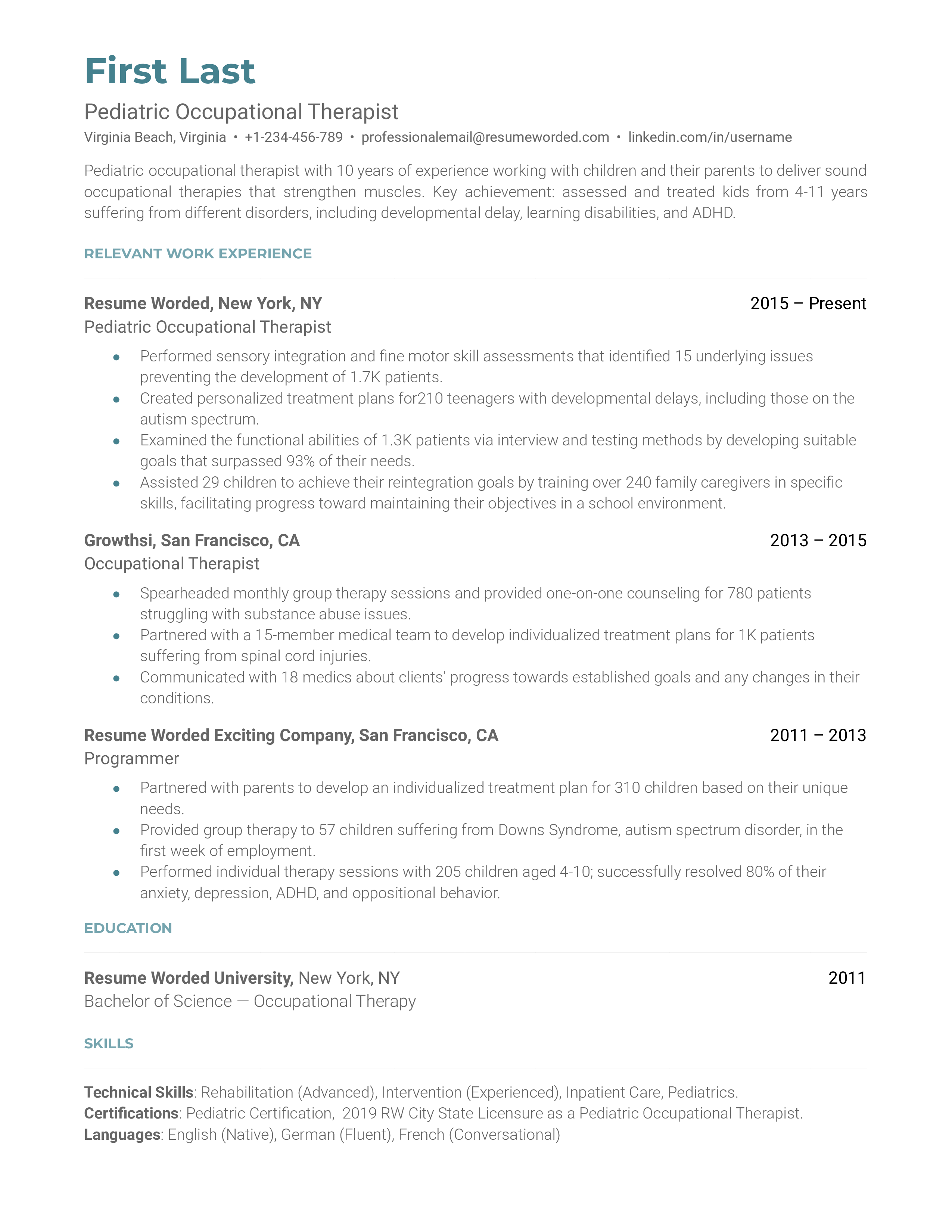 A pediatric occupational therapist resume sample that highlights the applicant’s key achievements and extensive experience.