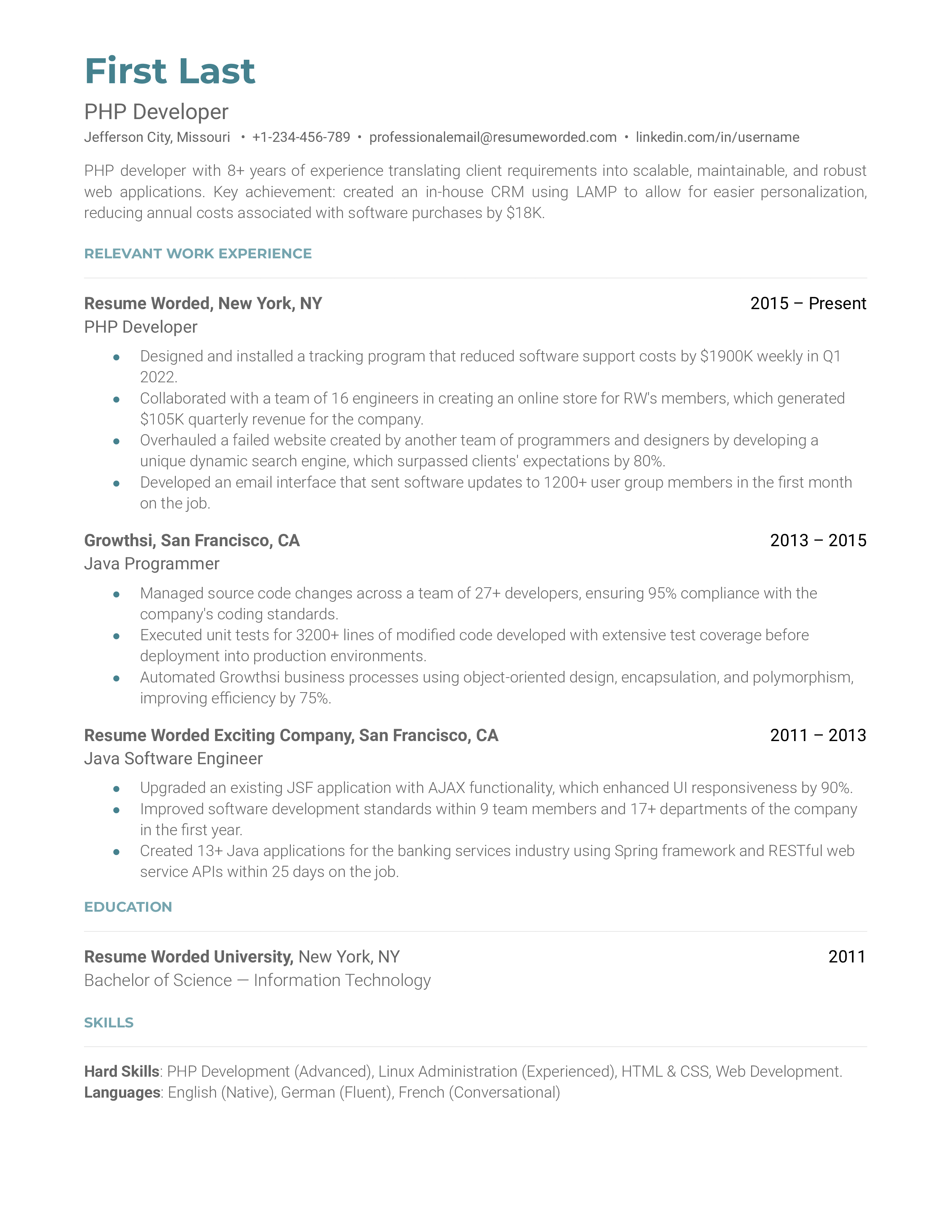 A PHP developer resume template that highlights achievements.