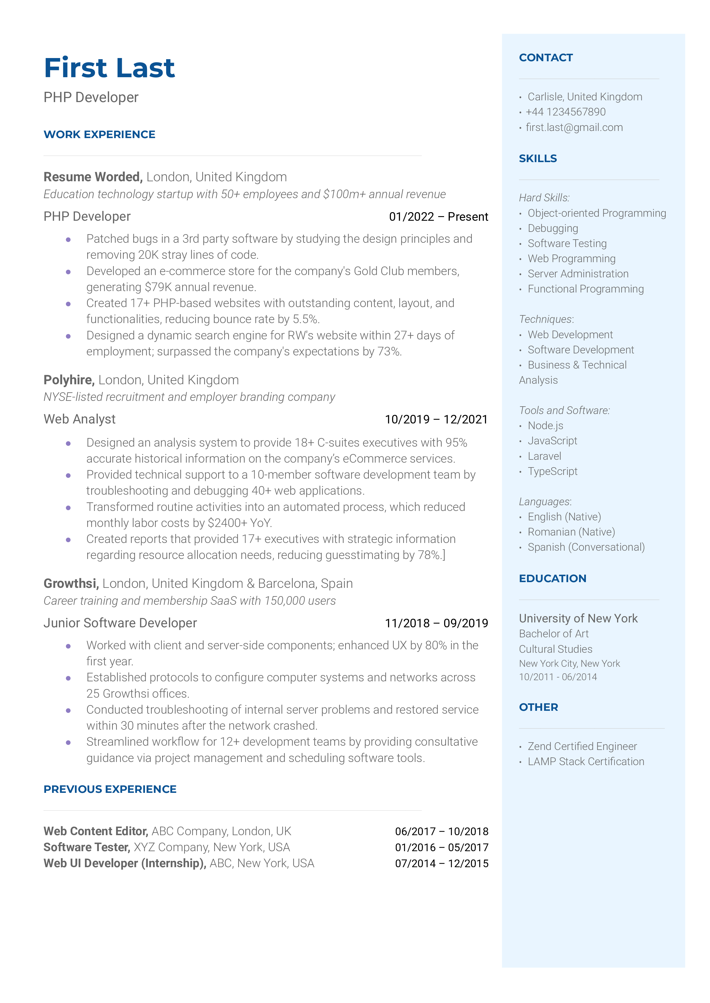 A resume for a PHP developer with a bachelors degree in IT and experience as a Java software engineer and programmer.