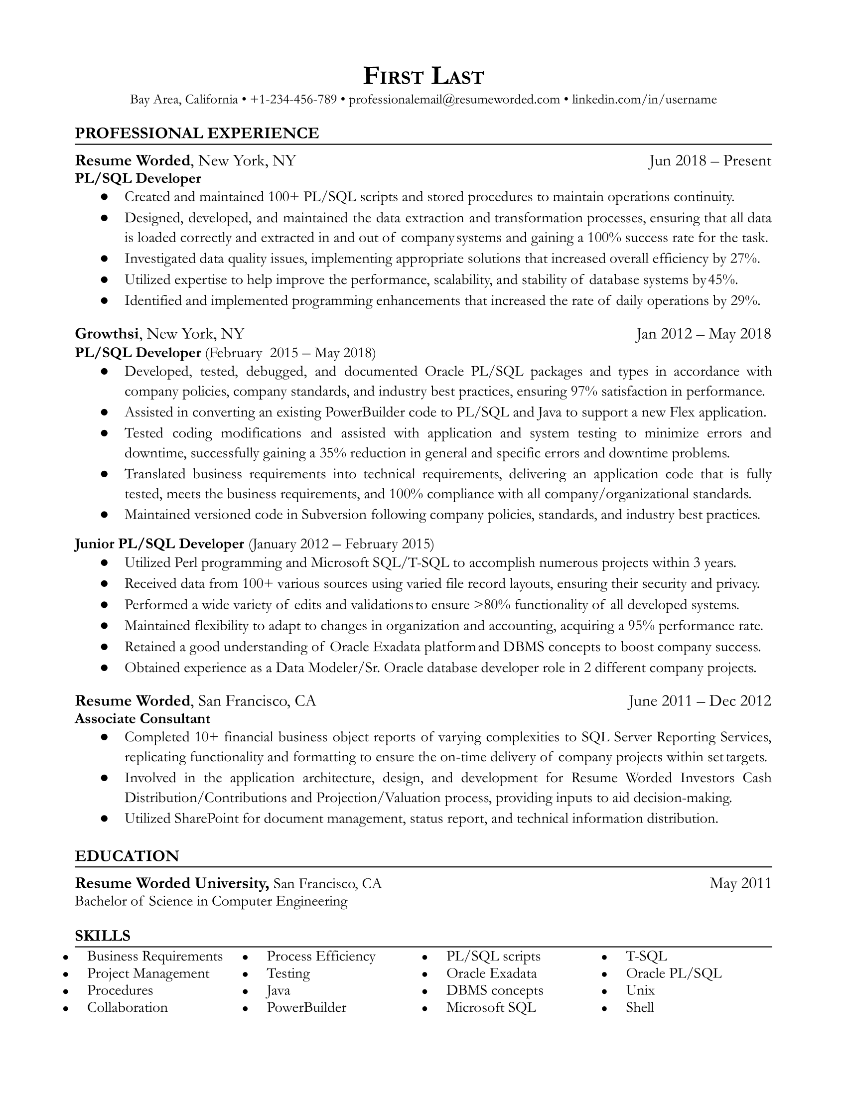 A resume for a PL/SQL developer with a degree in computer engineering and prior experience as a junior PL/SQL developer.