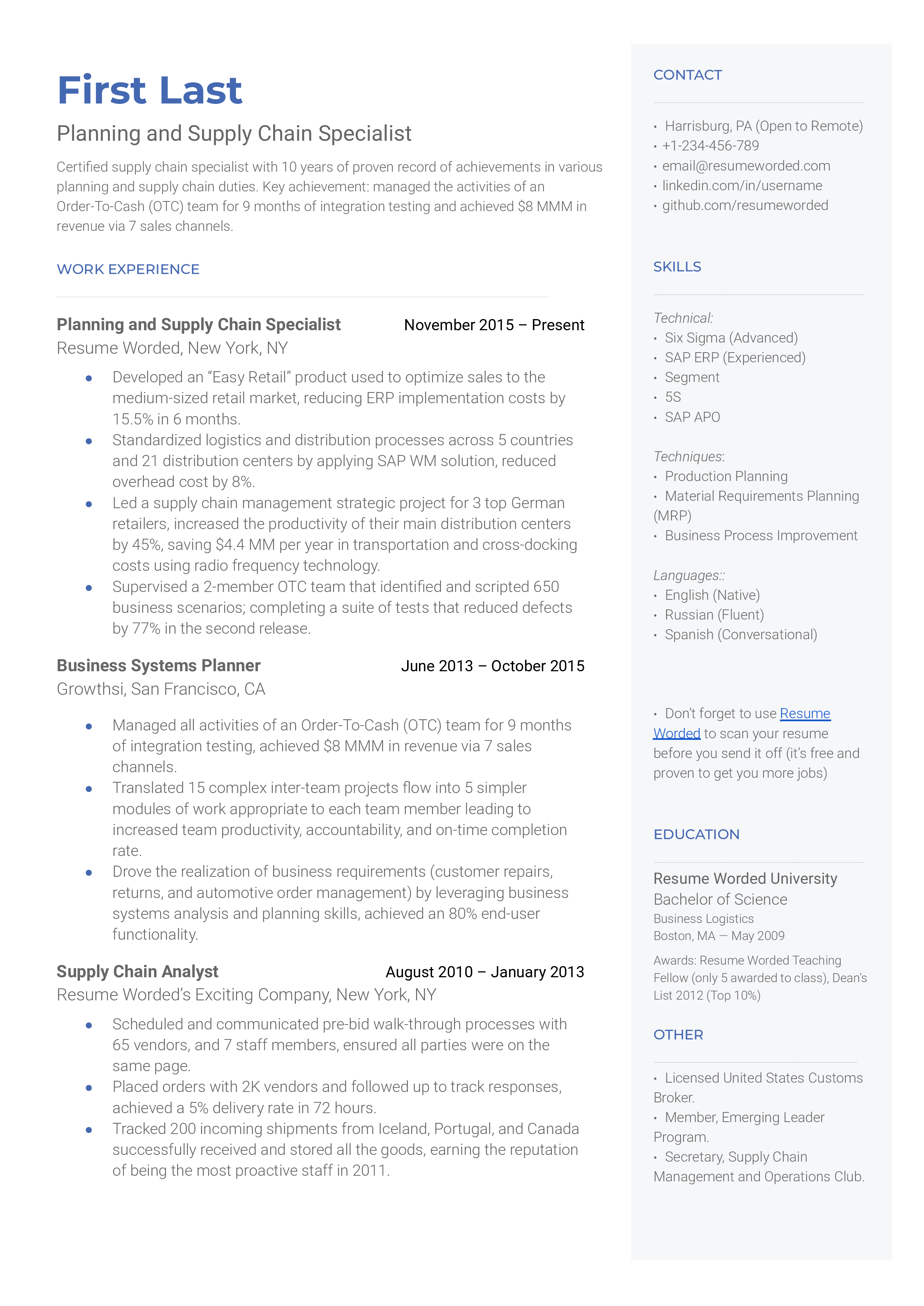 A CV screenshot illustrating a specialist's experiences in planning and supply chain roles.