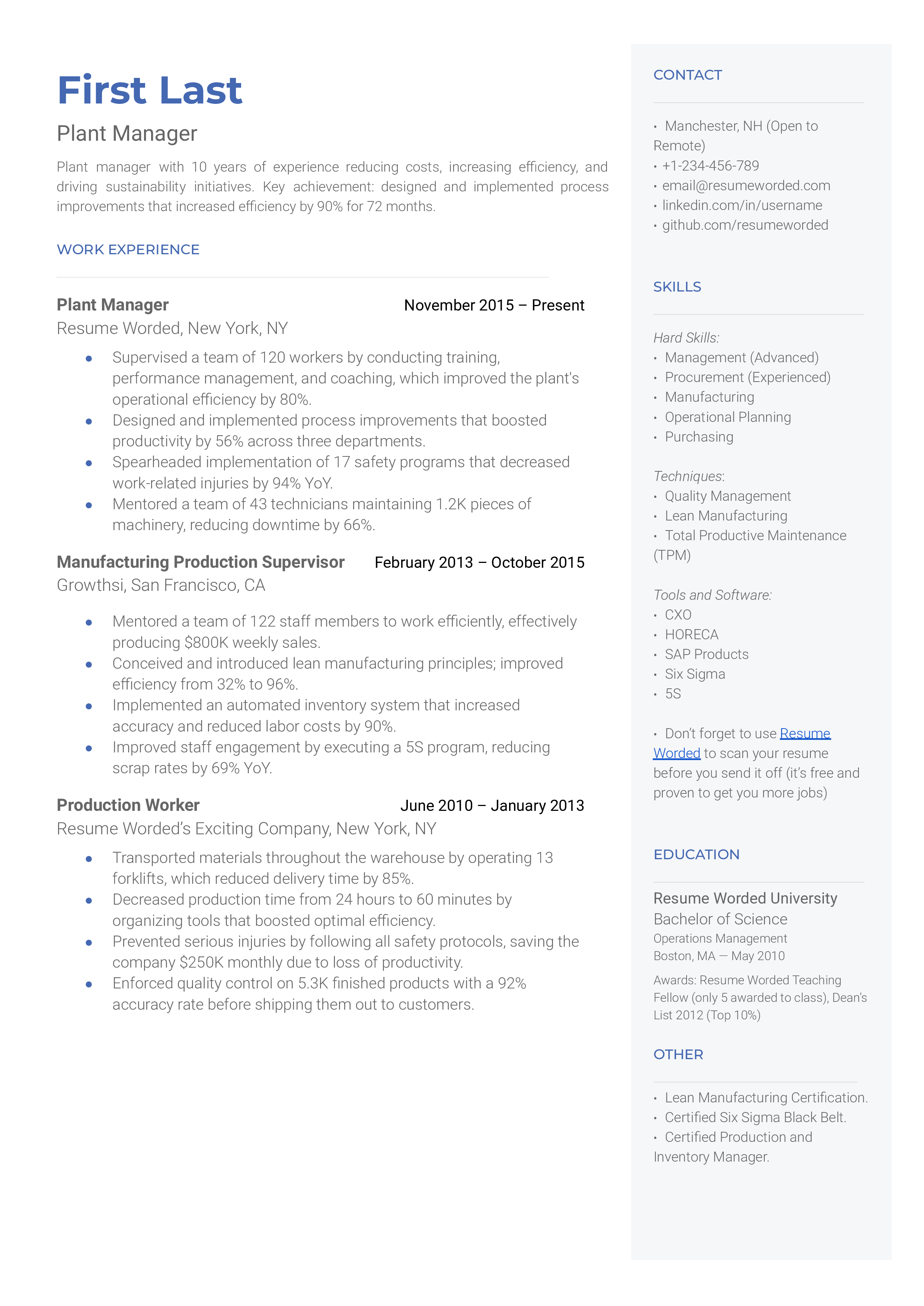 A well-balanced CV displaying both managerial and technical skills for a Plant Manager role.