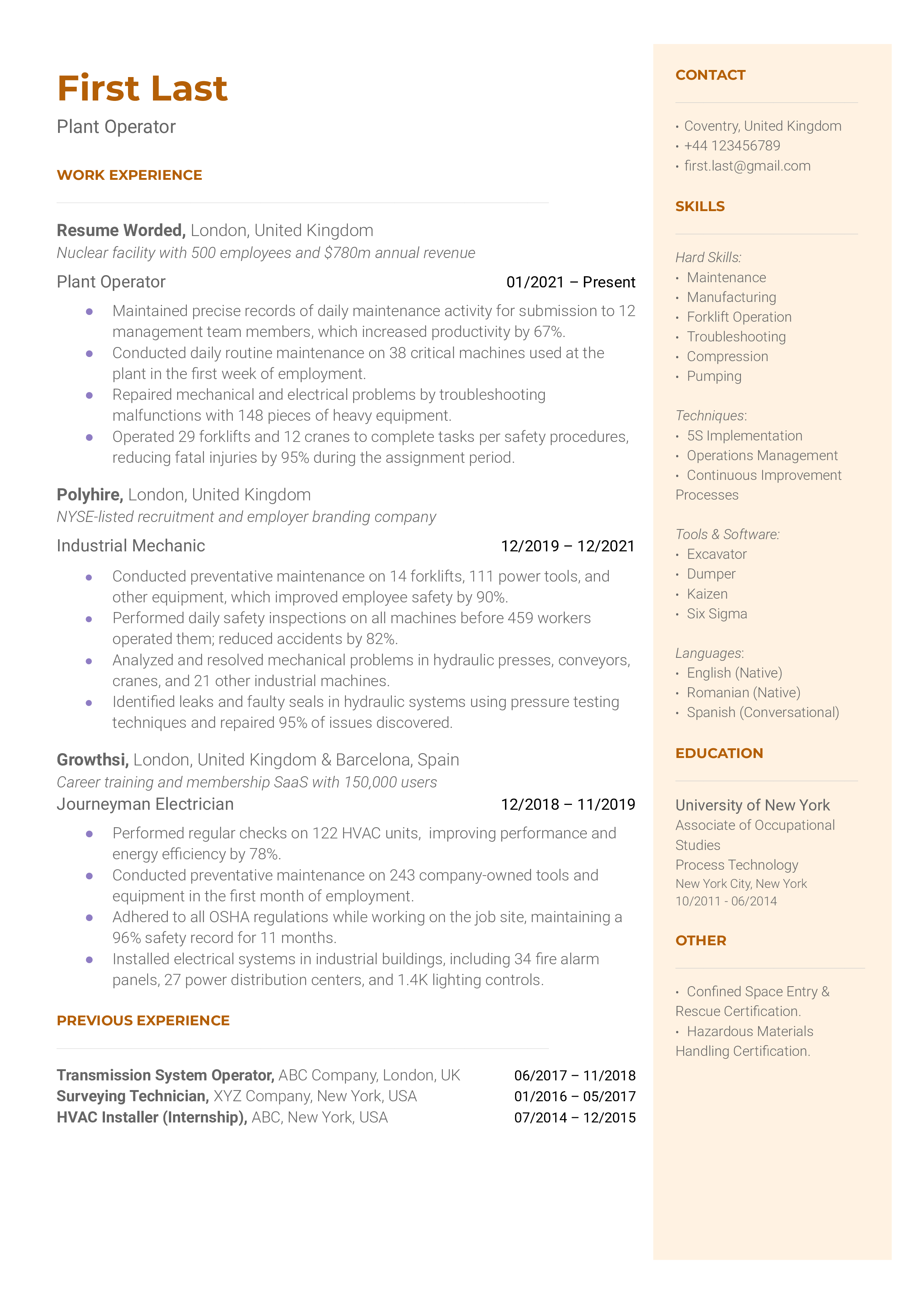 A snapshot of a well-structured Plant Operator CV.