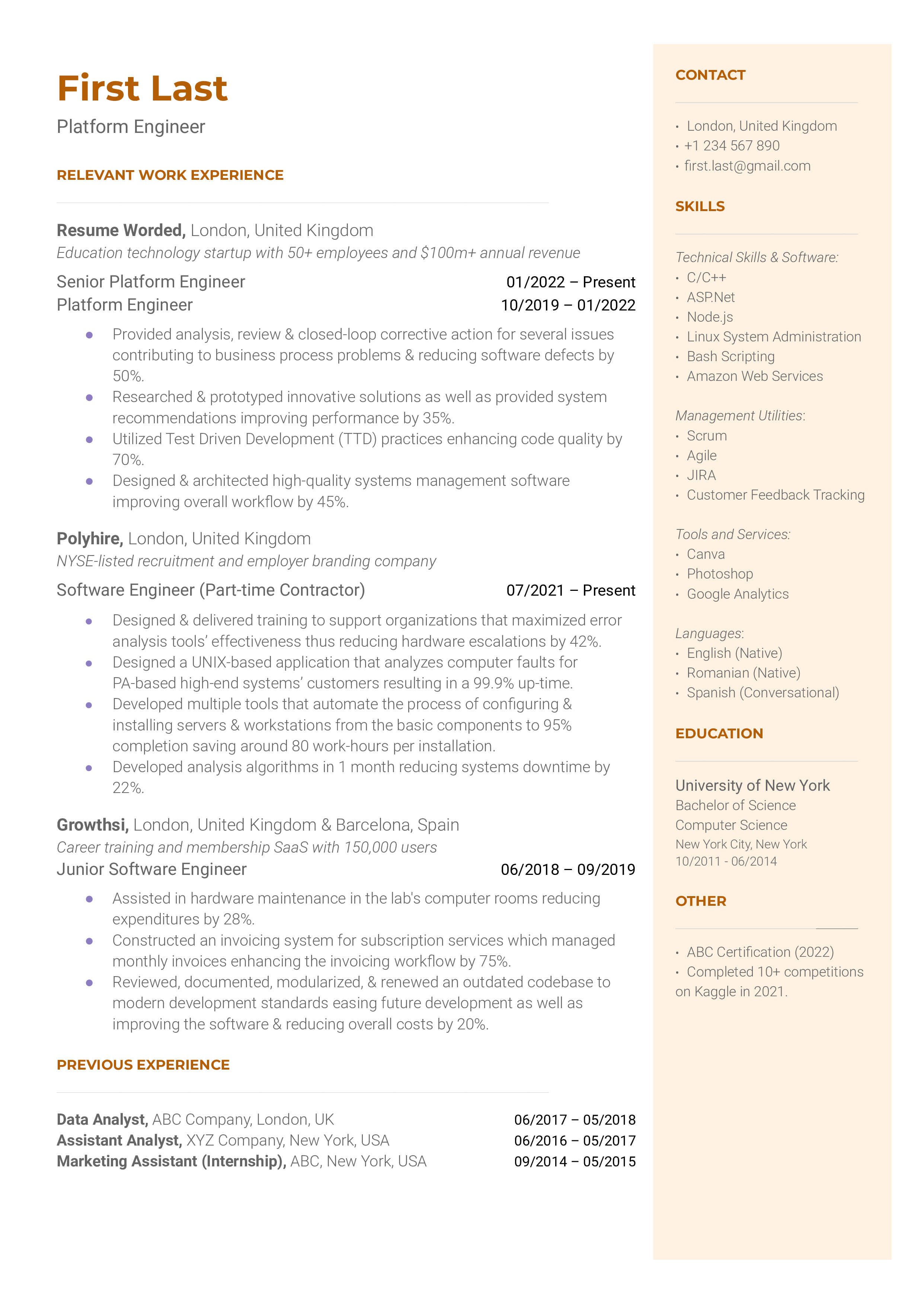 A well-structured CV for a Platform Engineer role featuring past platforms managed and technical skills.
