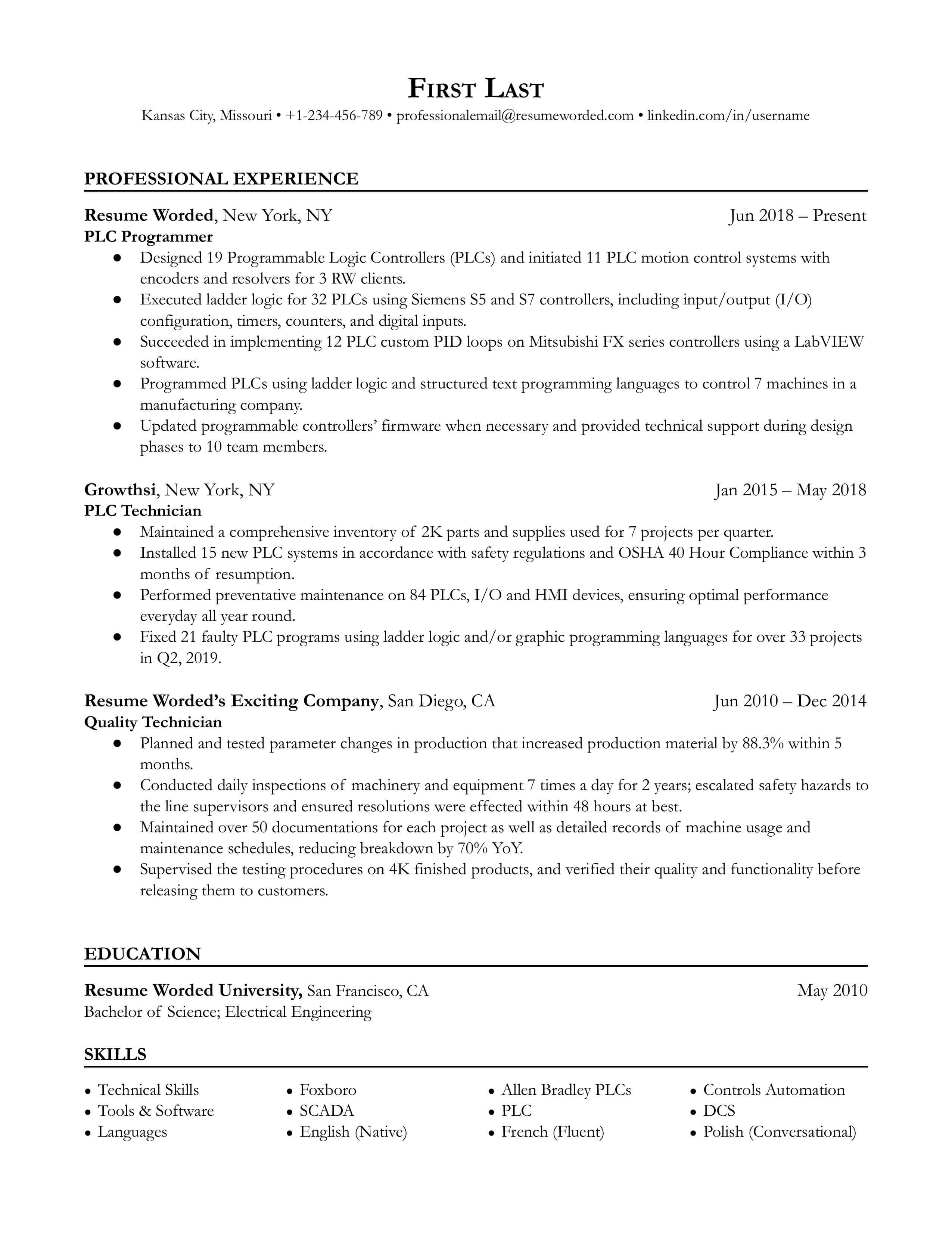 A PLC Programmer resume template that emphasizes work experience and includes an education and skills section