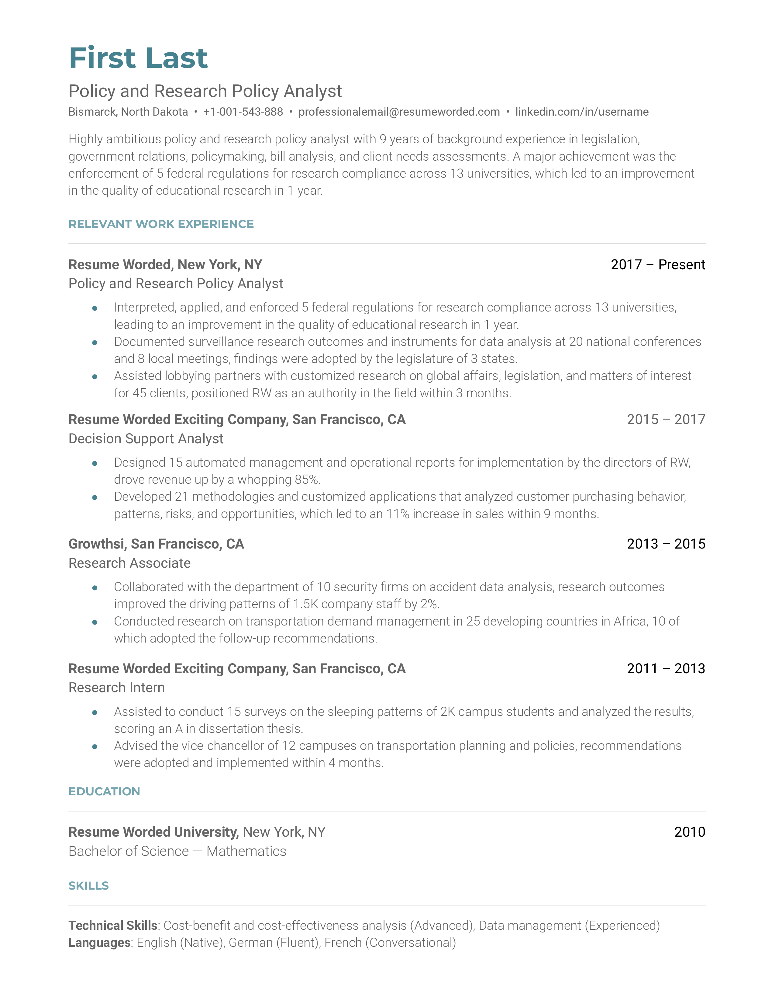 Policy and Research Policy Analyst Resume Sample