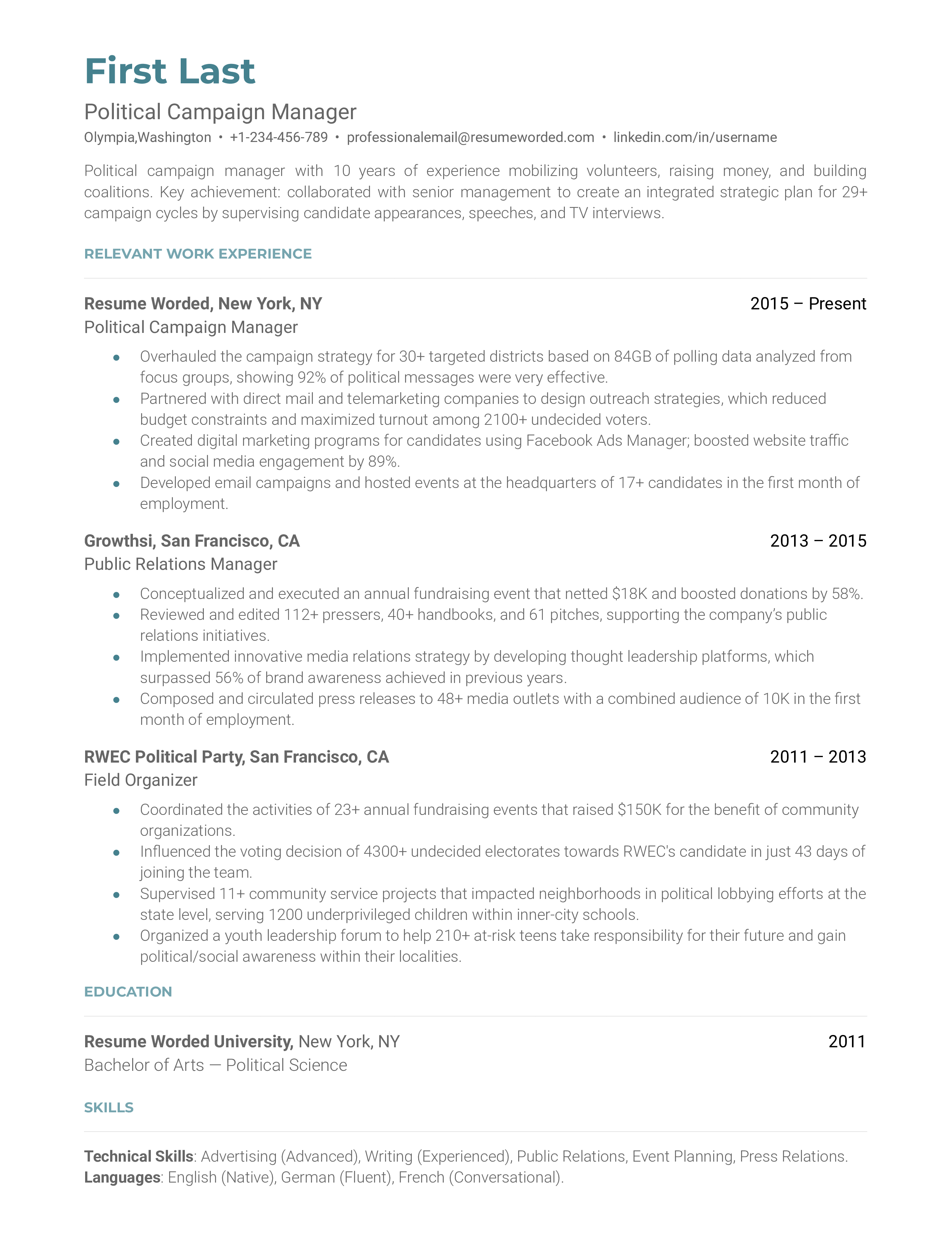 Political Campaign Manager's CV displaying various roles, campaigns managed, and crisis management skills.