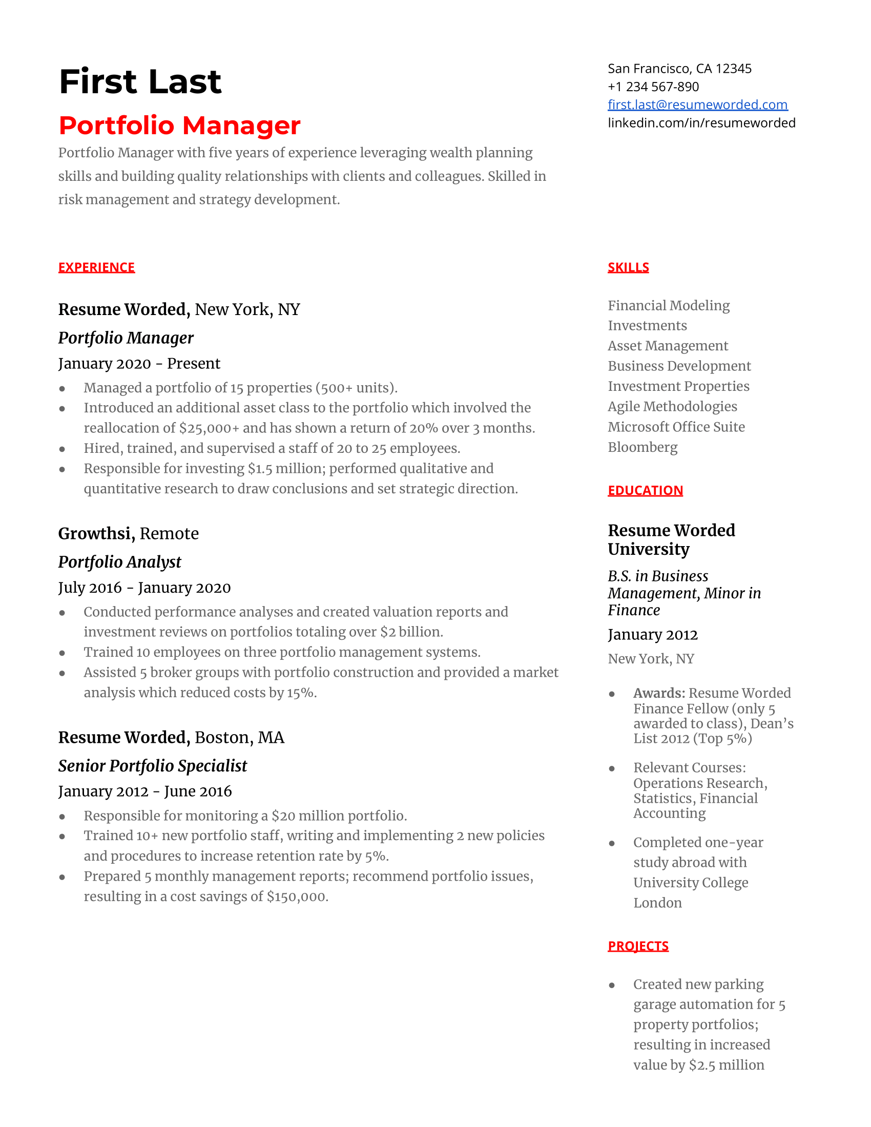 Portfolio manager resume with hard skills in skills section and strong action verbs