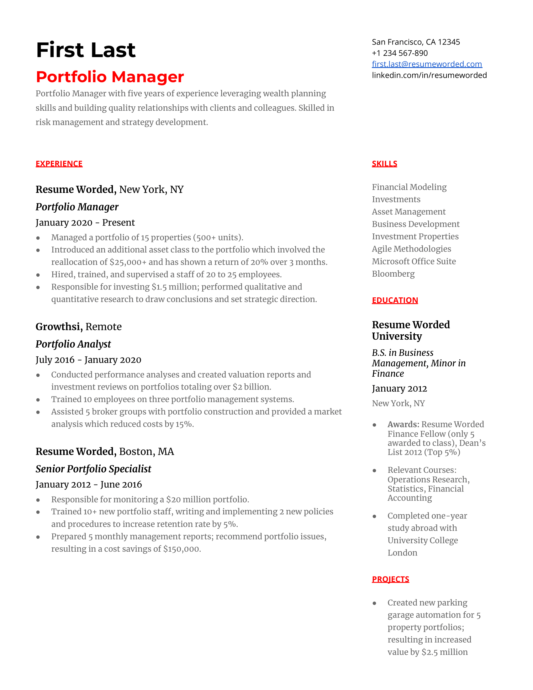 Portfolio Manager Resume Sample