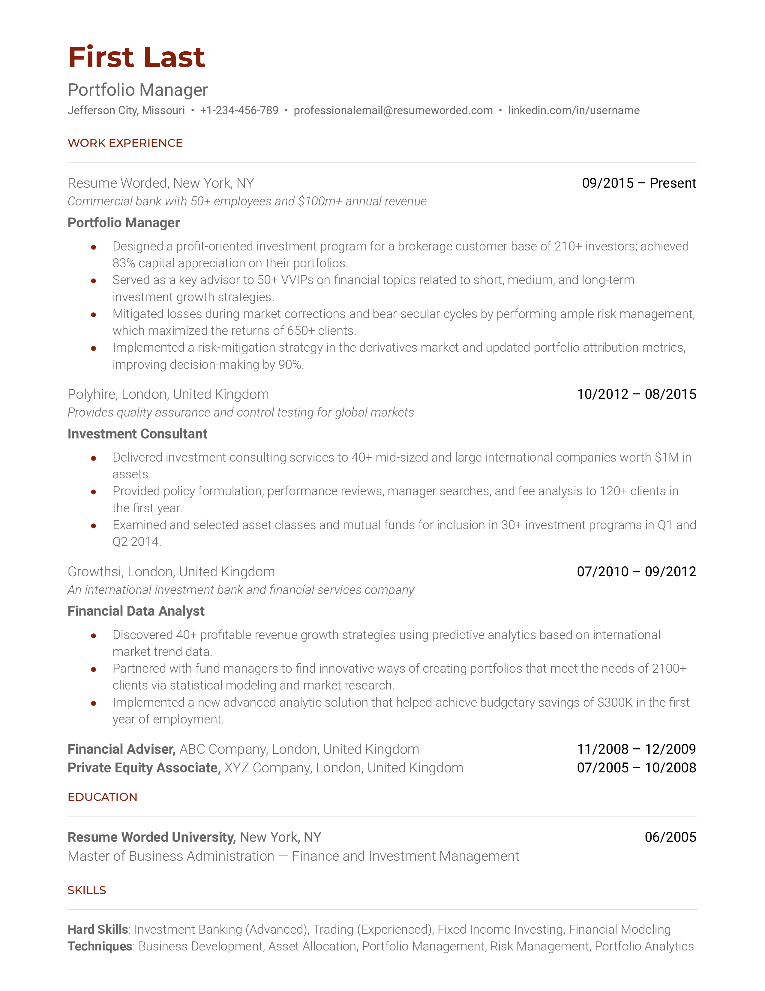 A resume for a portfolio manager with a bachelor's in business management and experience as a portfolio analyst.