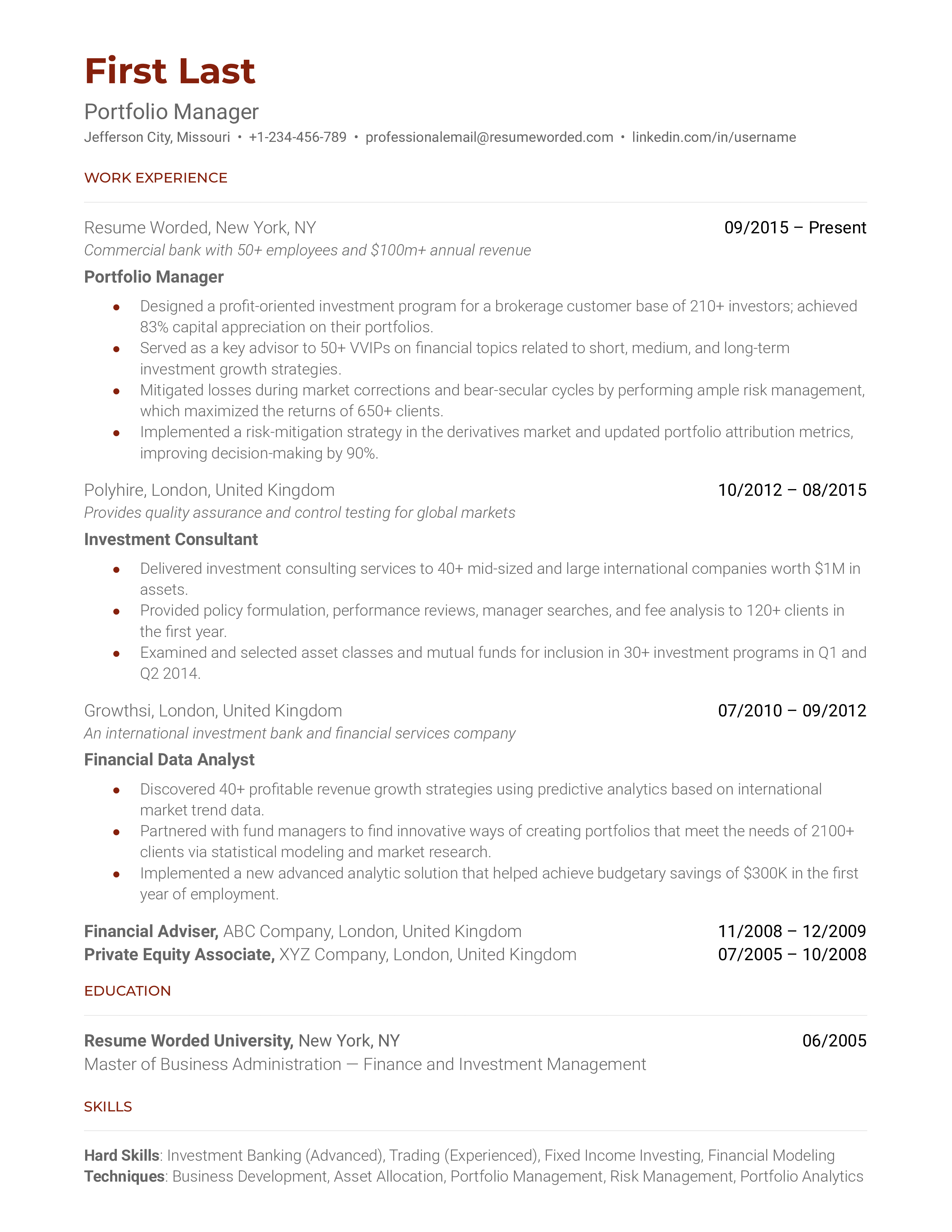 Portfolio Manager Resume Example For 2023 Resume Worded