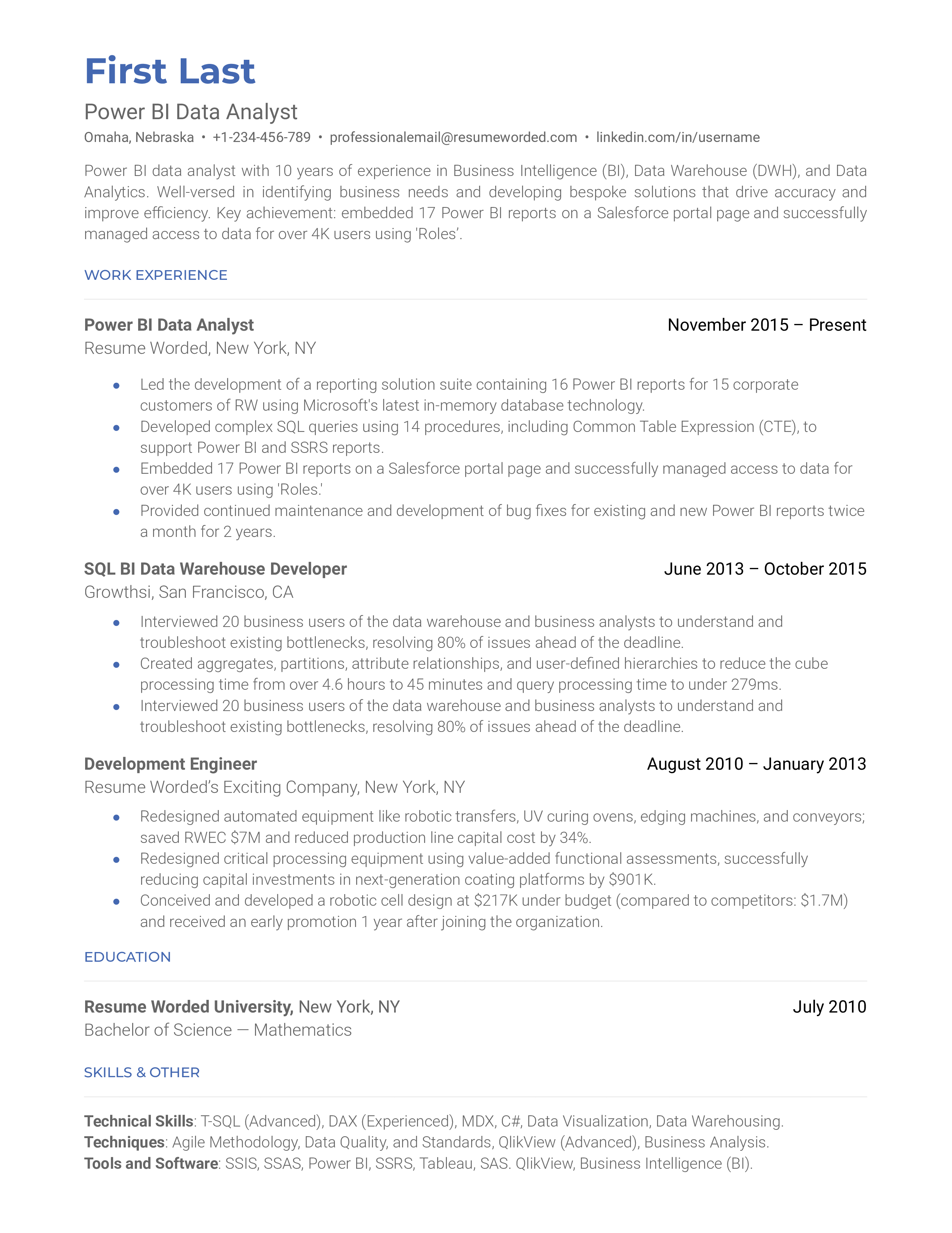 A Power BI analyst resume sample that highlights the applicant's Power BI expertise and background.