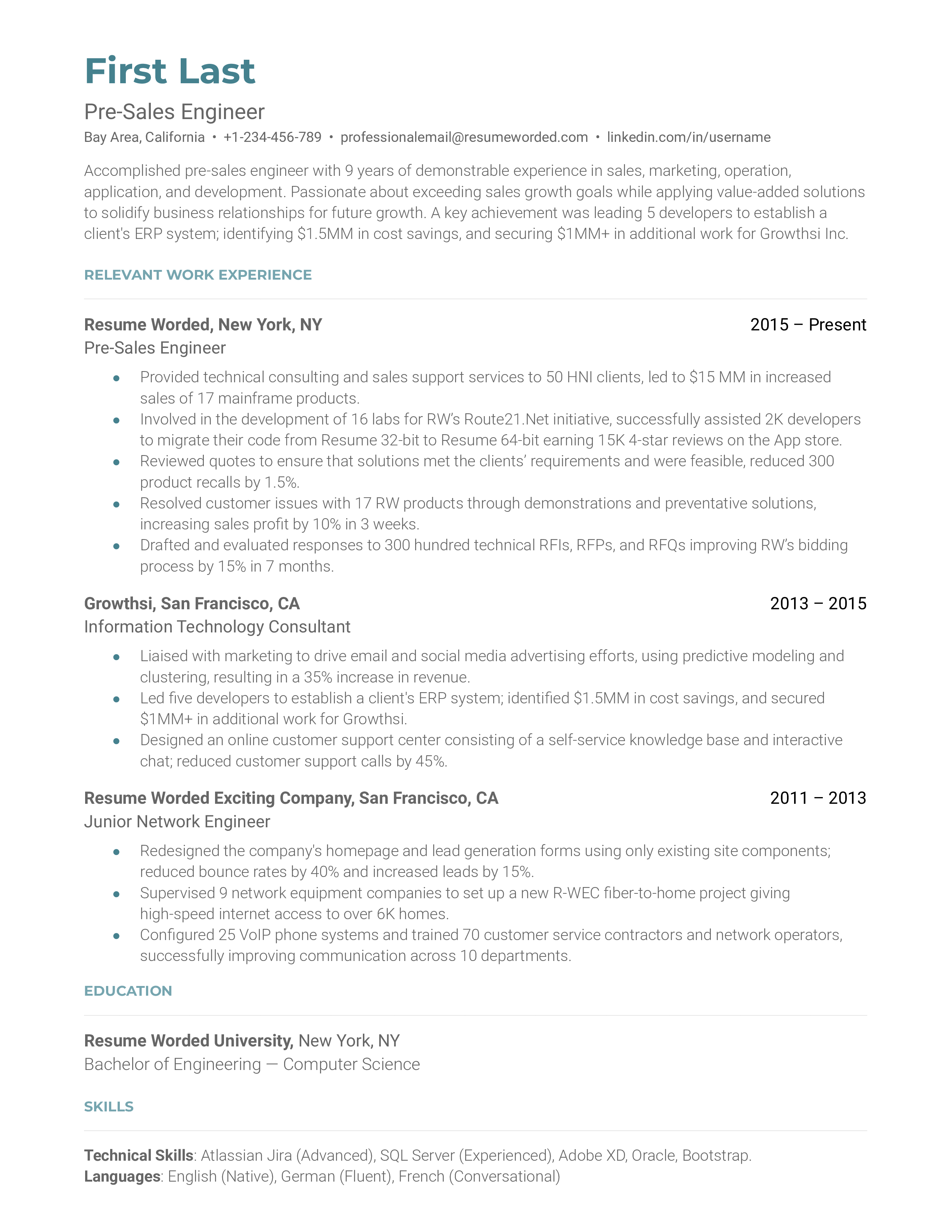 A screenshot of a CV for a Pre-Sales Engineer role showcasing problem-solving experiences and continuous learning.