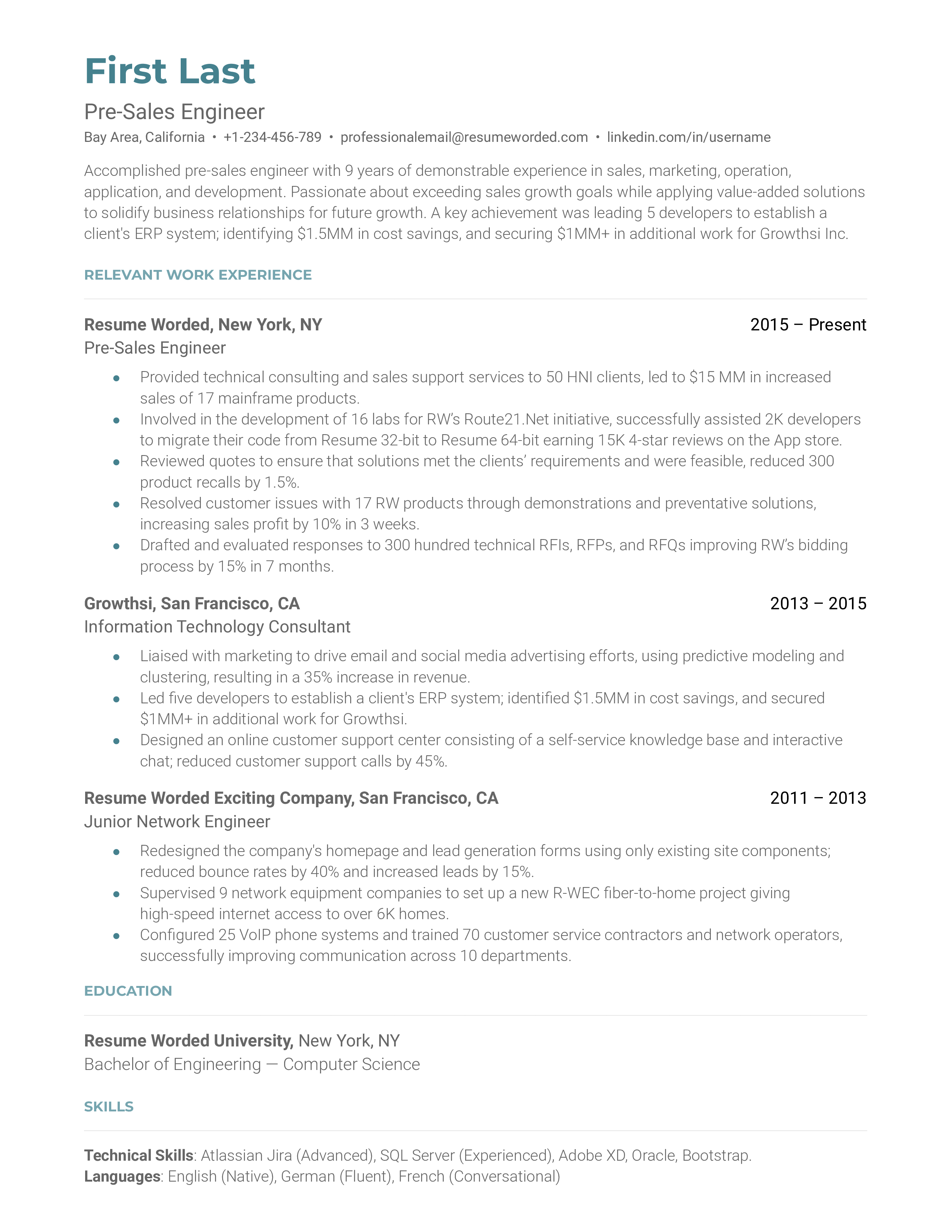 Pre-Sales Engineer Resume Sample