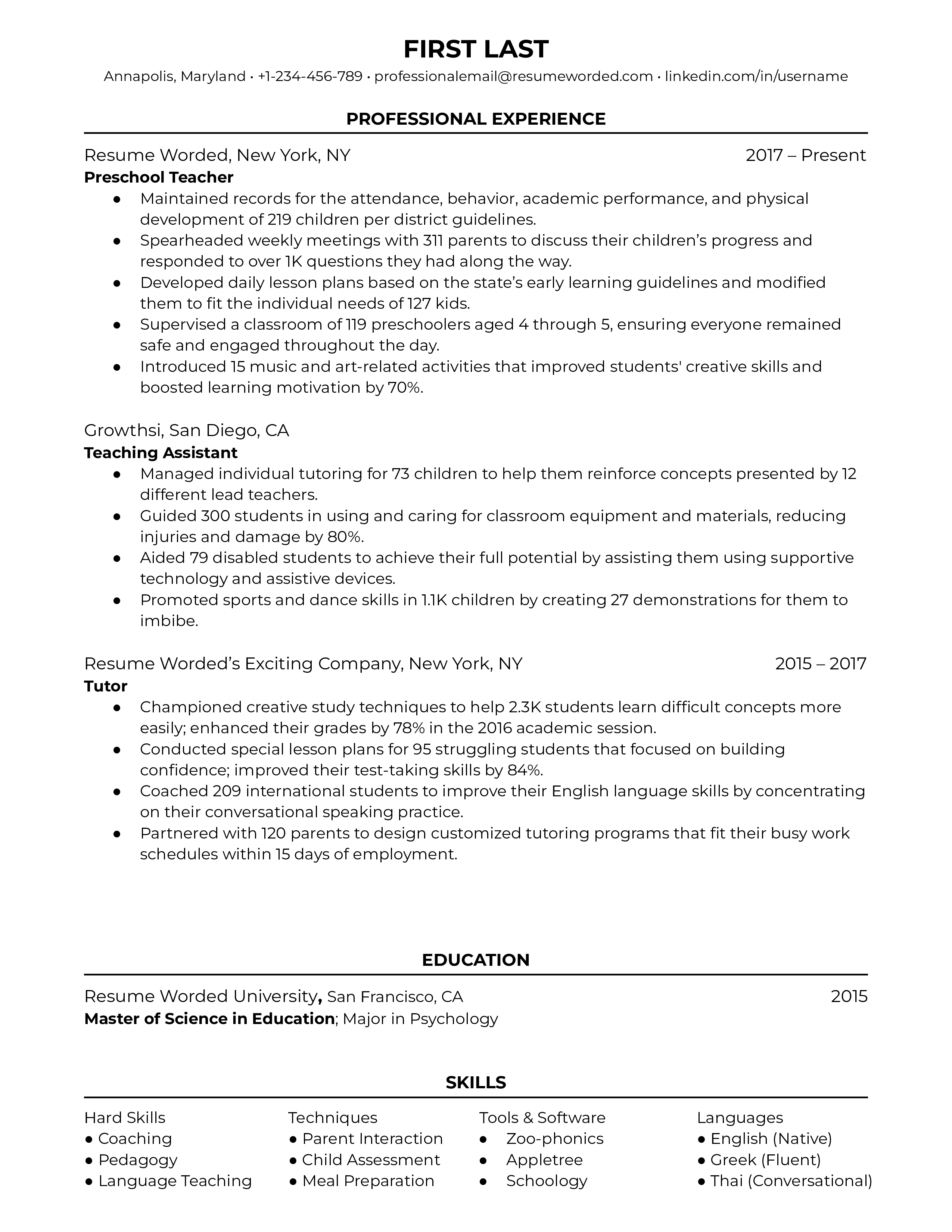 A preschool teacher resume sample that highlights the applicant’s caretaking skills and relevant skills set.