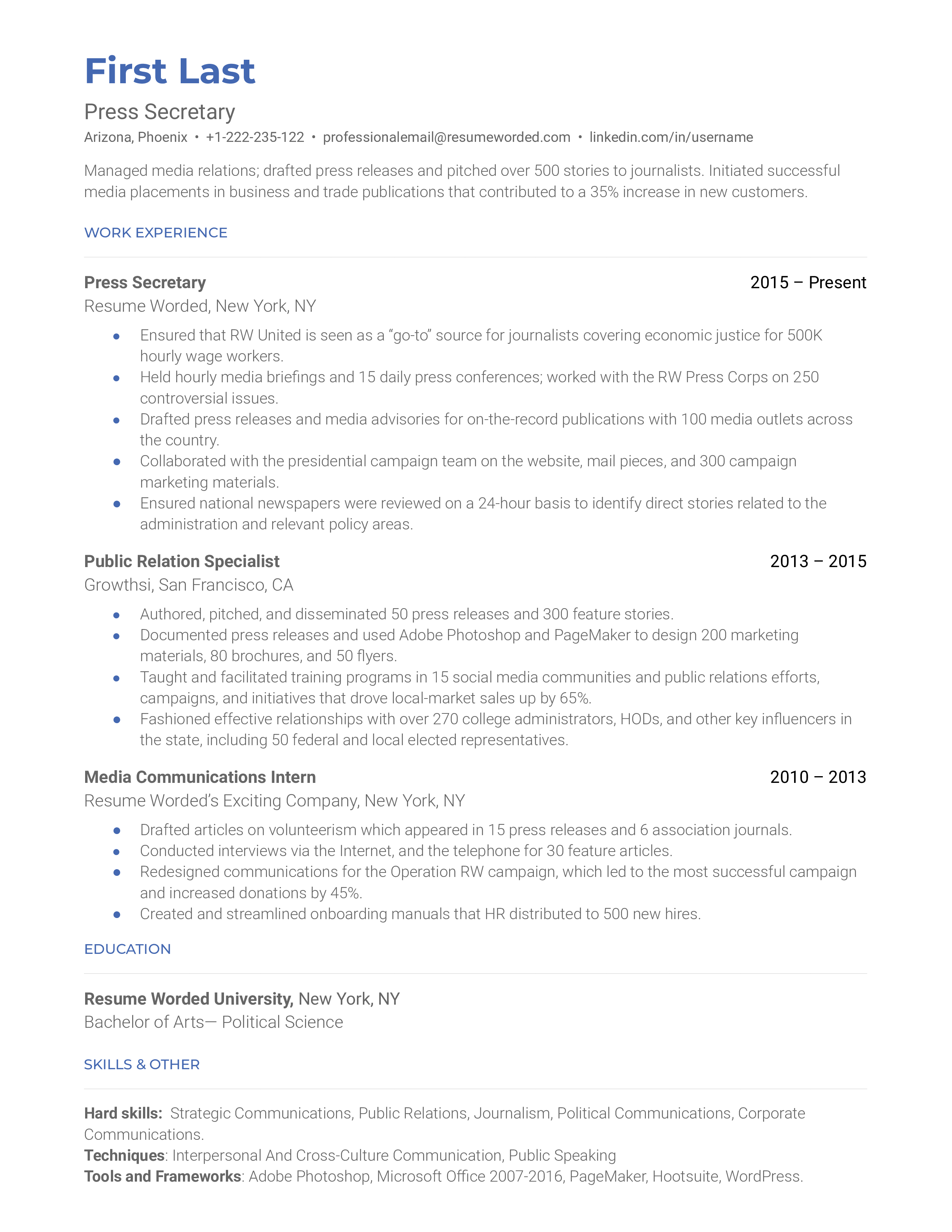 A press secretary resume that highlights experience representing government agencies to enhance their public image 