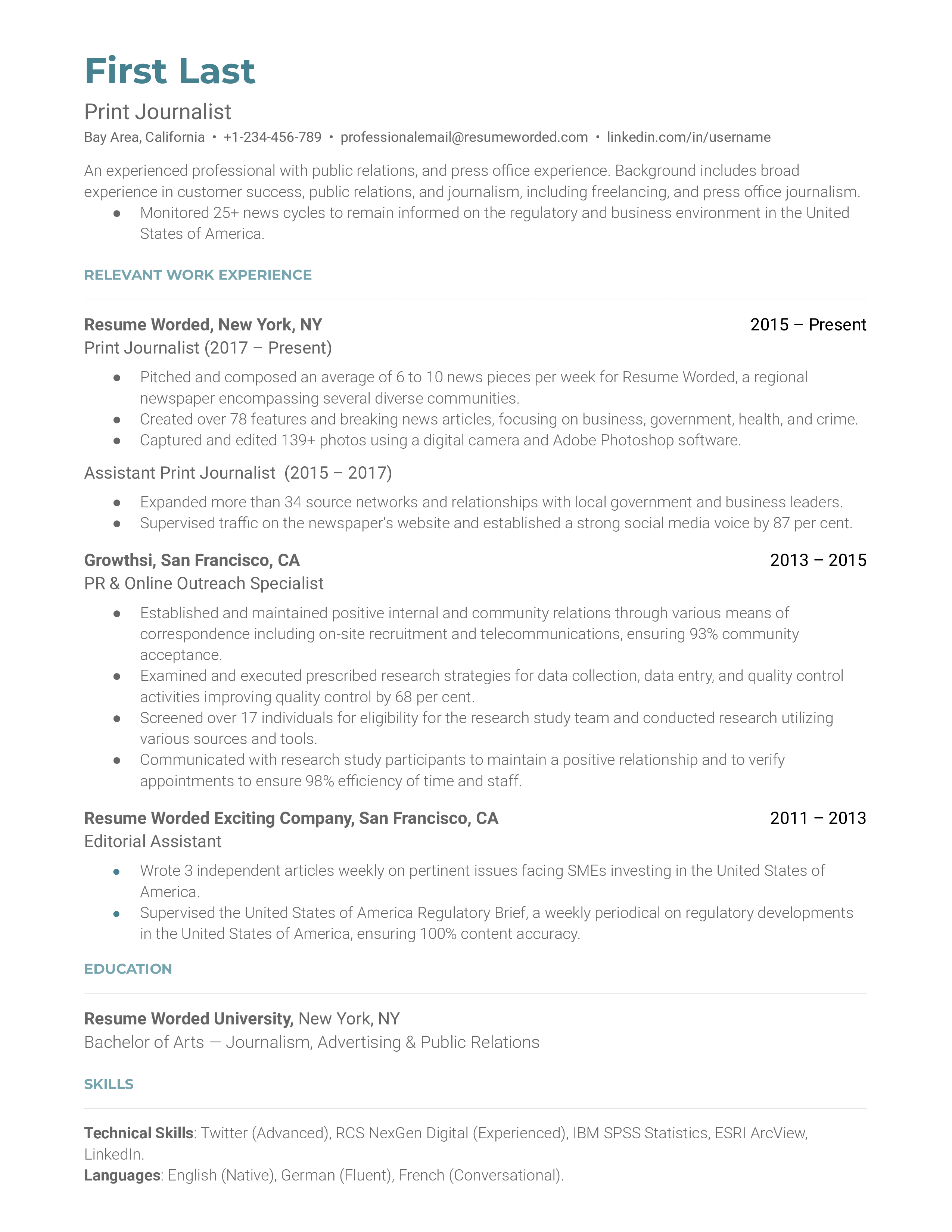 Print journalist resume sample that highlights the applicant's journalistic output and career progression