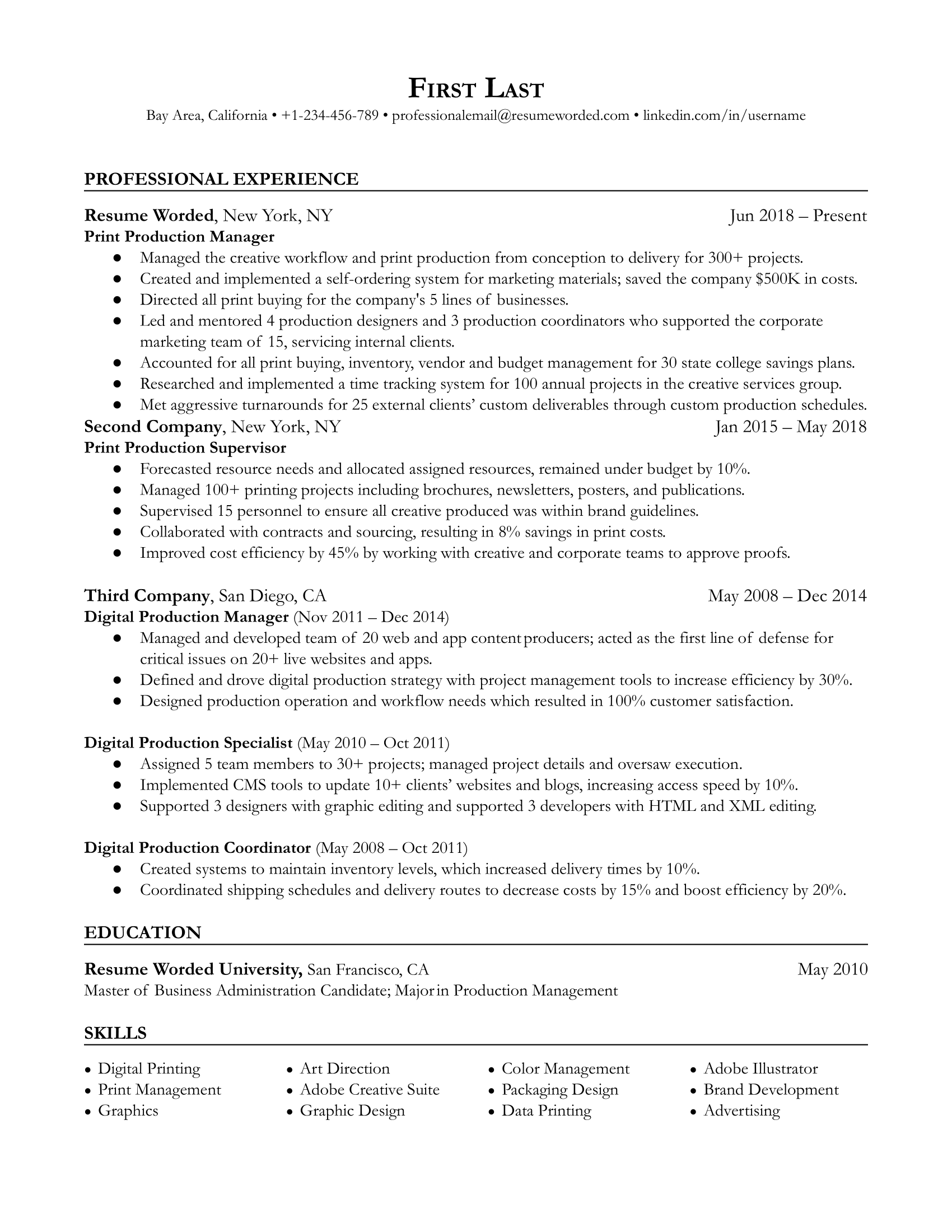 Print Production Manager Resume Template + Example