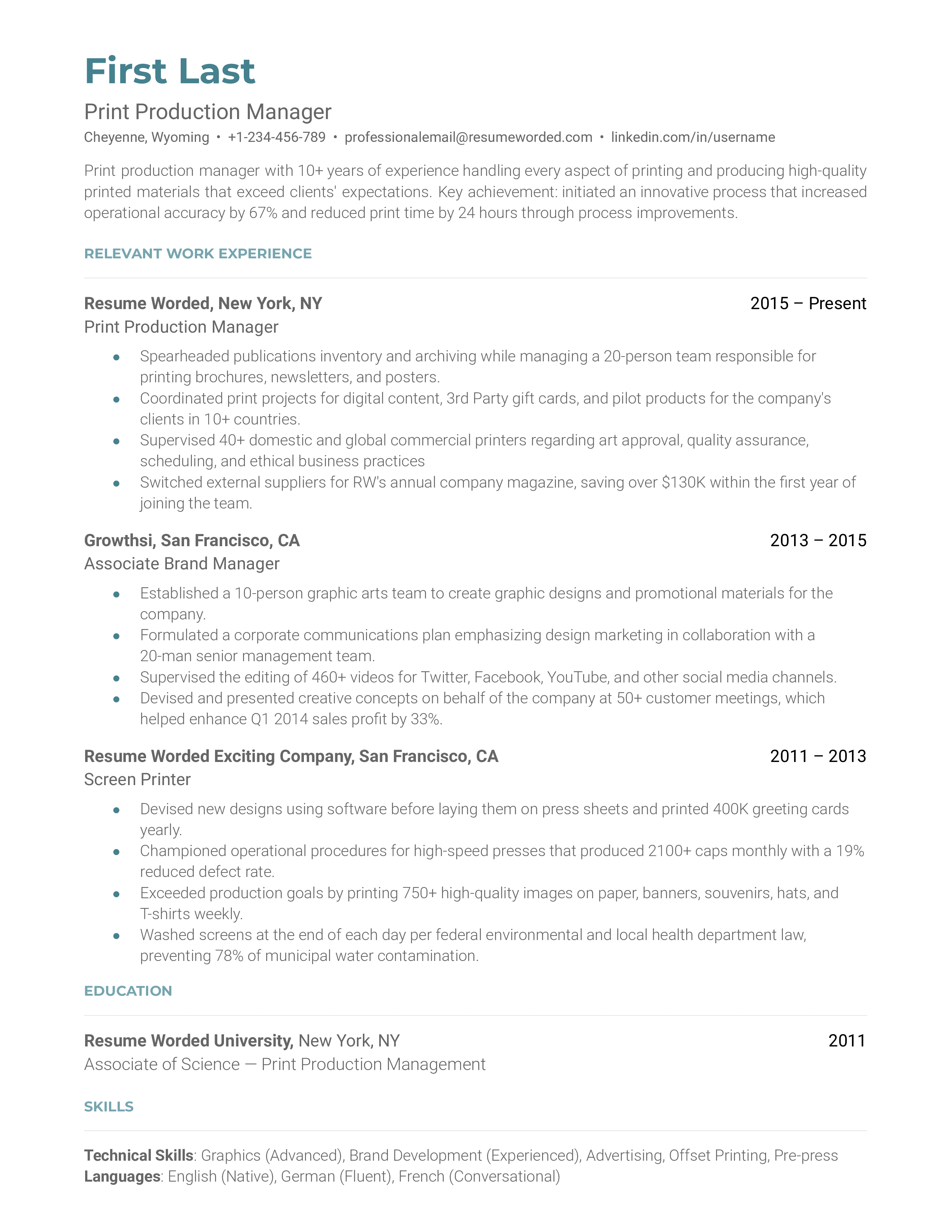 A screenshot of a CV for a Print Production Manager role.