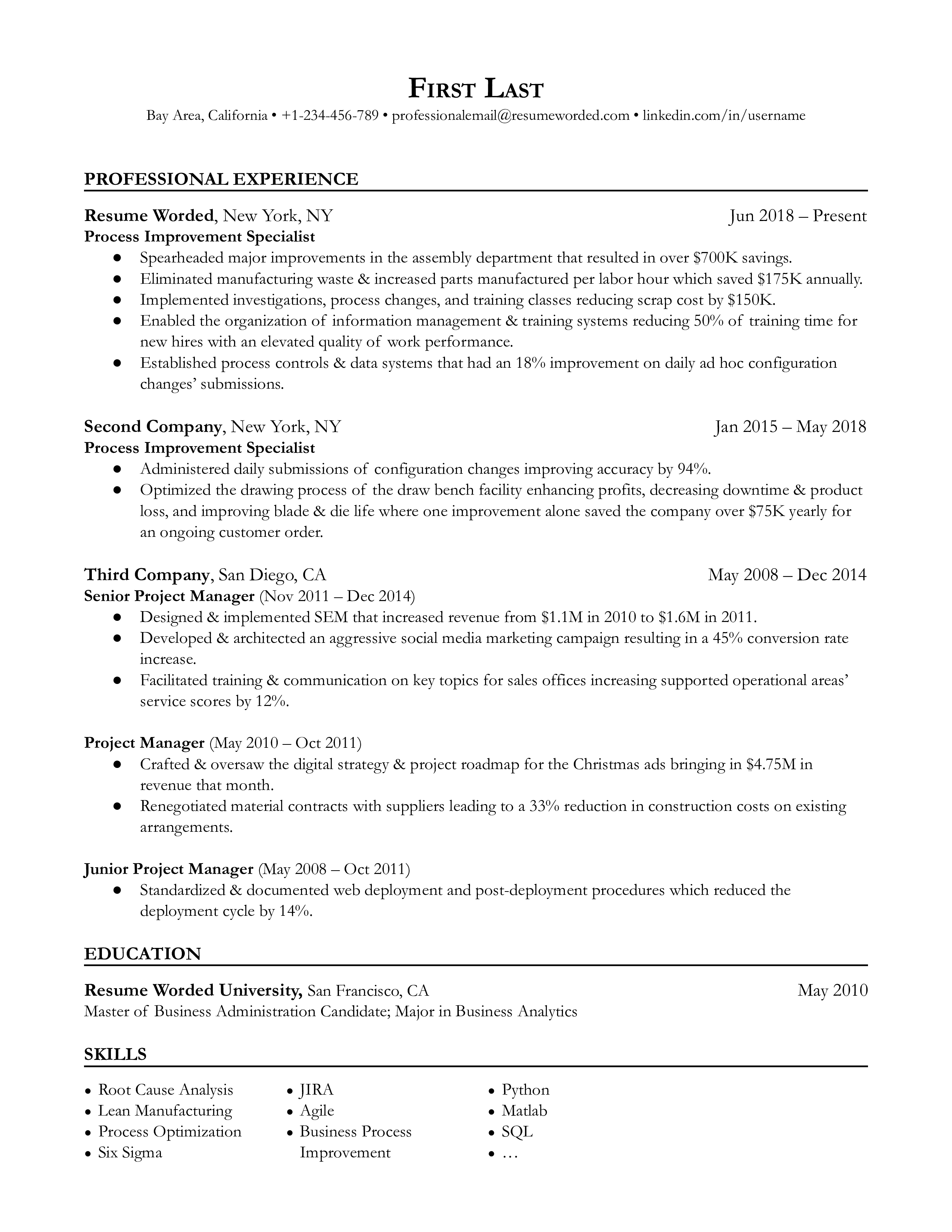A process improvement specialist resume template that uses work experience in chronological order